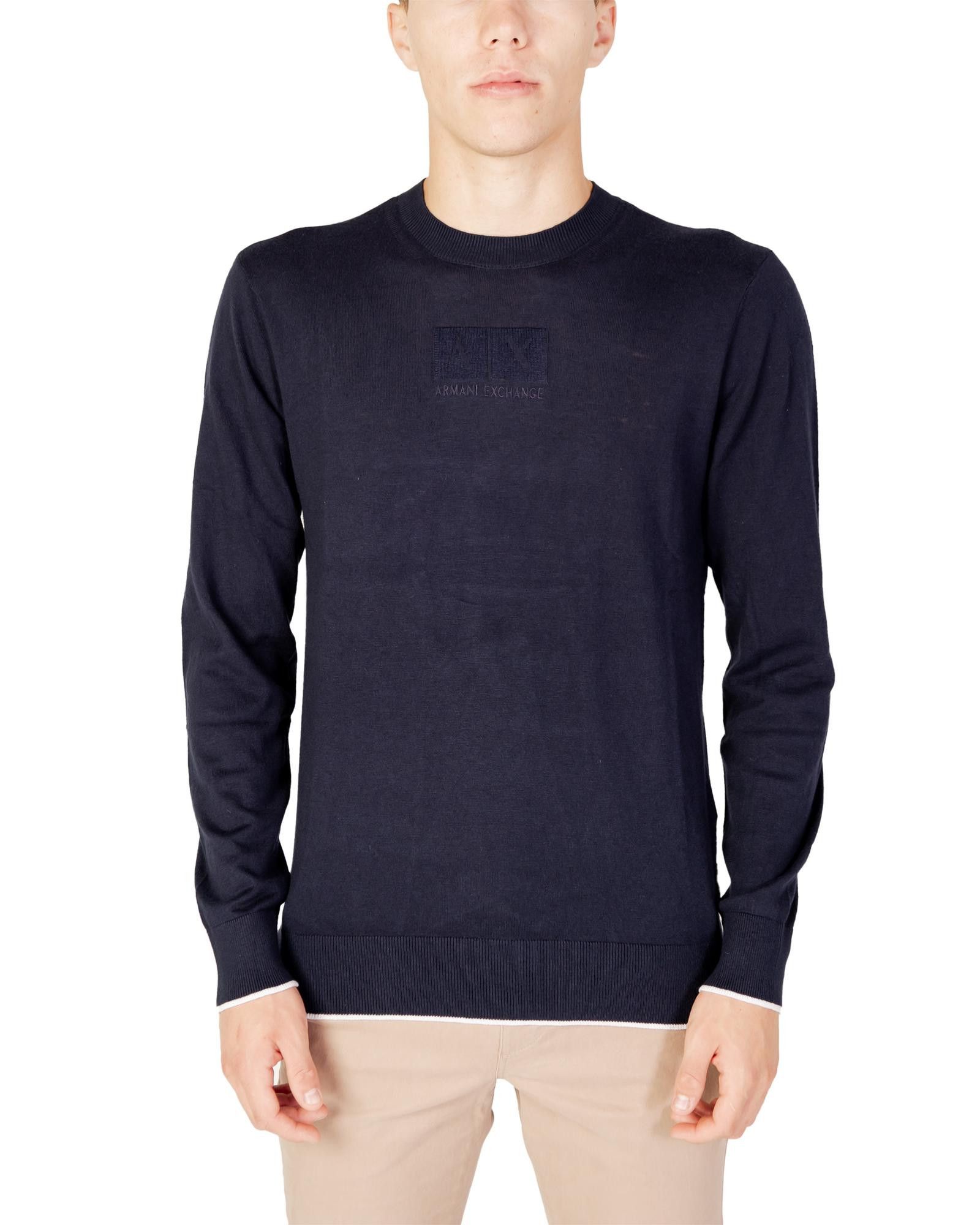 image of Armani Exchange Plain Knitwear With Long Sleeves And Round Neck in Blue, Men's (Size XL)