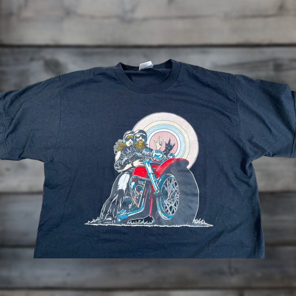 Fruit Of The Loom Fruit of the Loom Bikers Print T-Shirt Motorcycle City Retro Black 50/50 Cotton Blend Large Adult Men Short Sleeve Crew Neck Graphic Front Tag Size US L / EU 52-54 / 3 - 1 Thumbnail