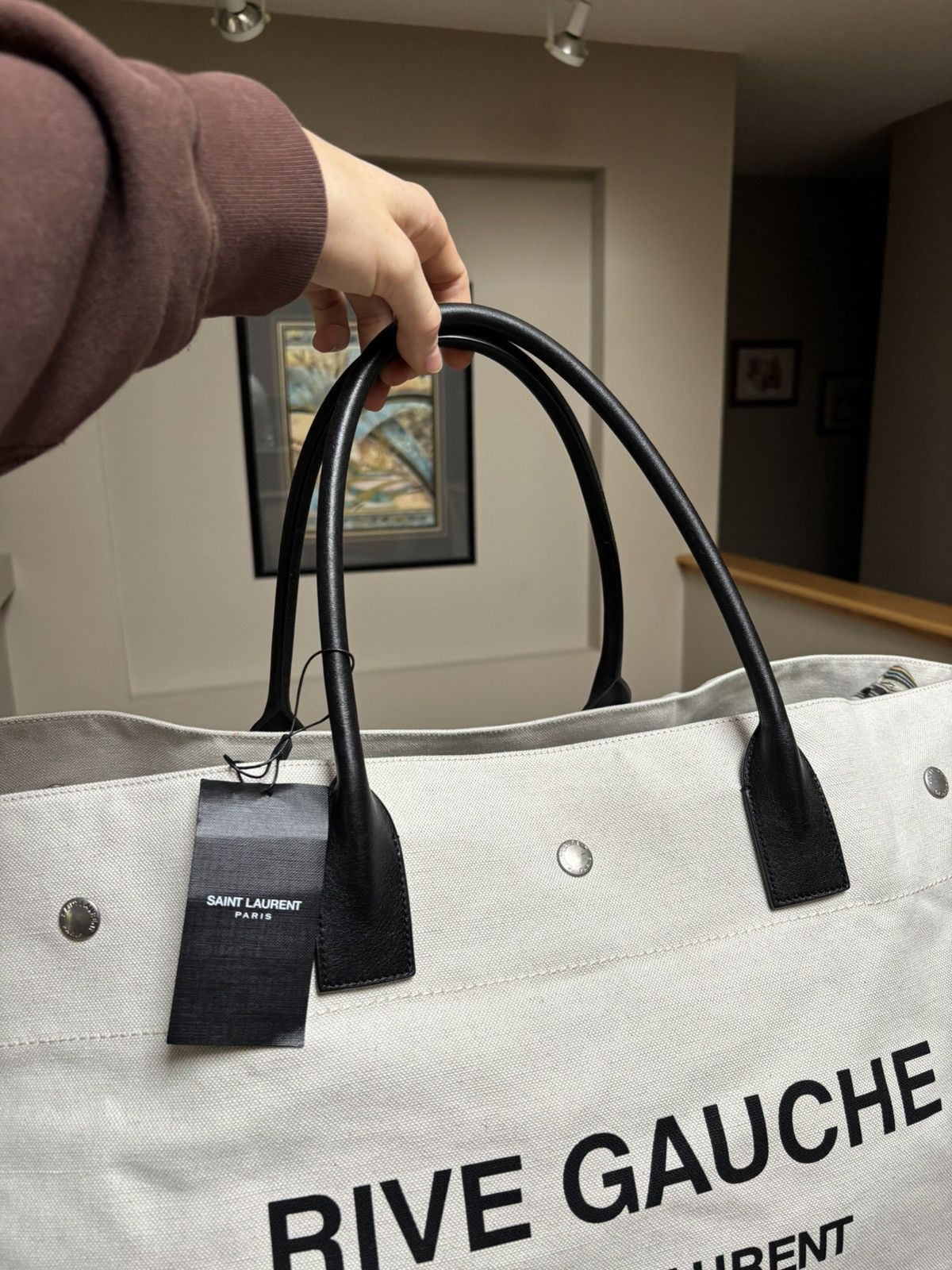 Saint Laurent Paris Saint Laurent Cream/Black Leather Rive Gauche XL Tote Bag Size ONE SIZE - 4 Thumbnail
