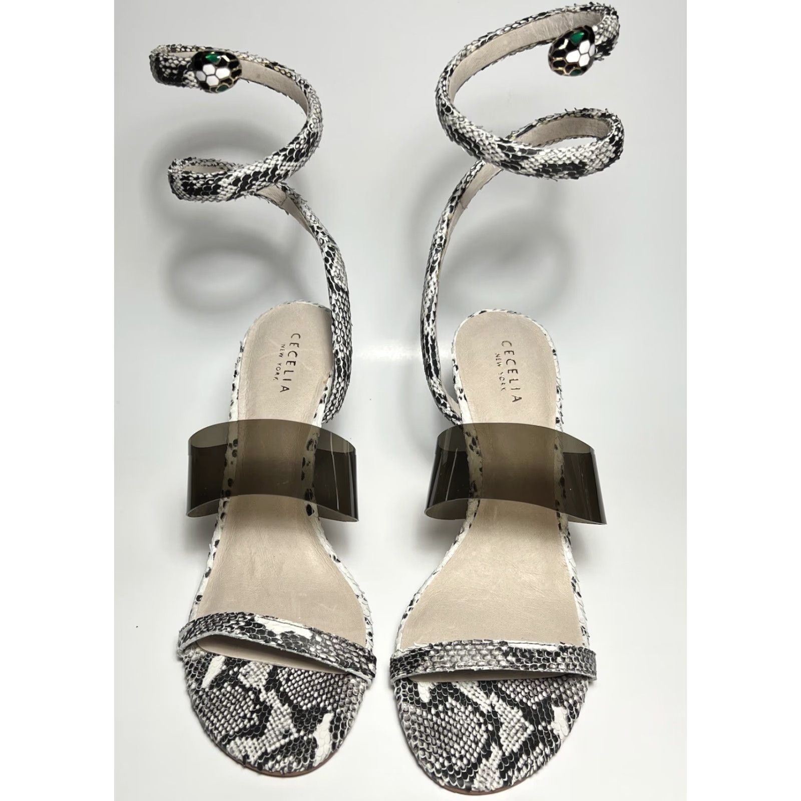 Vintage Cecelia New York Sabrina Ankle Wrap Sandal Black White Snake Embossed 10 Women Heel Strappy Leather Synthetic Snake 90s? Size US 10 / IT 40 - 6 Thumbnail