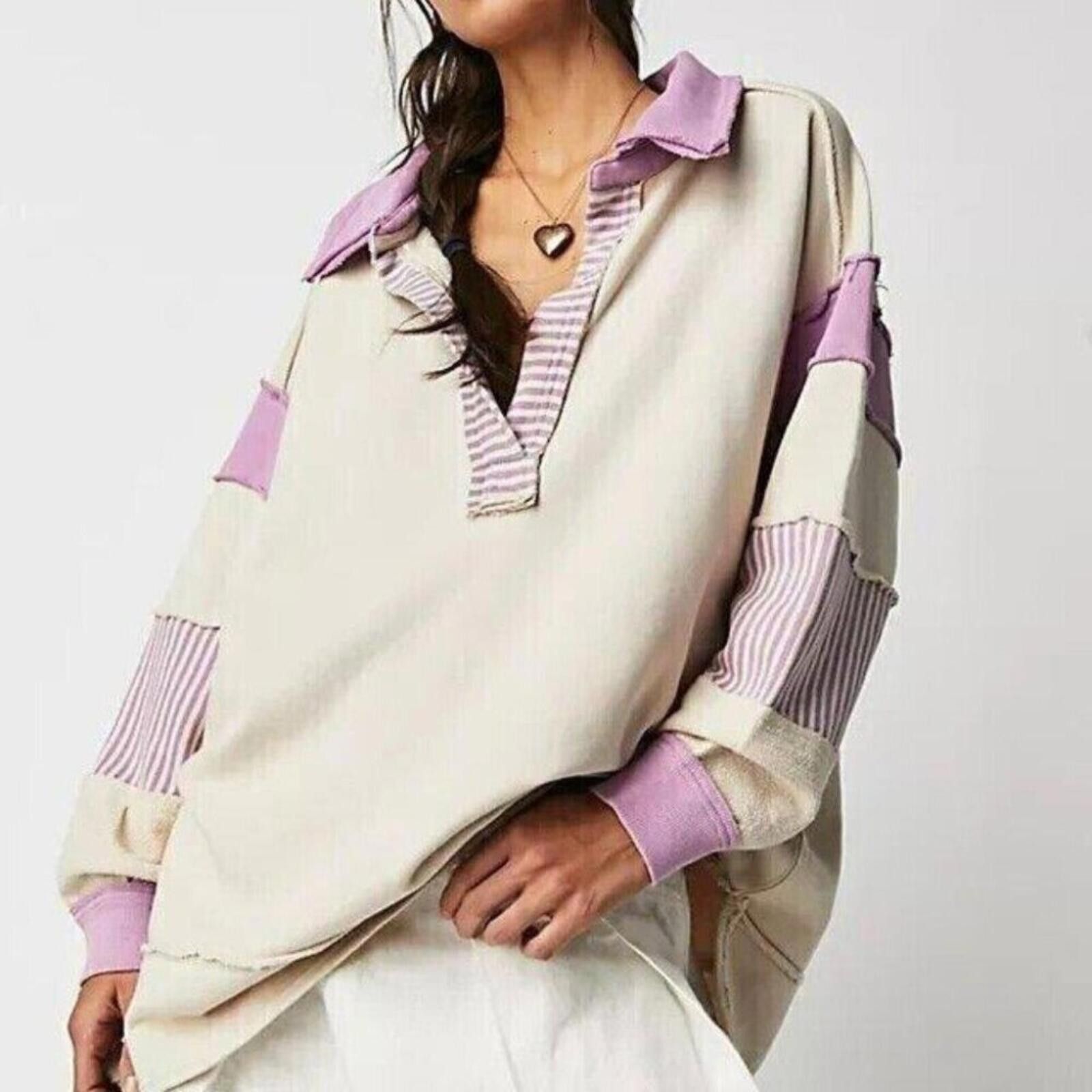 Free People Free People Cream and Lavender Oversized Pullover Sweatshirt Size S / US 4 / IT 40 - 1 Thumbnail