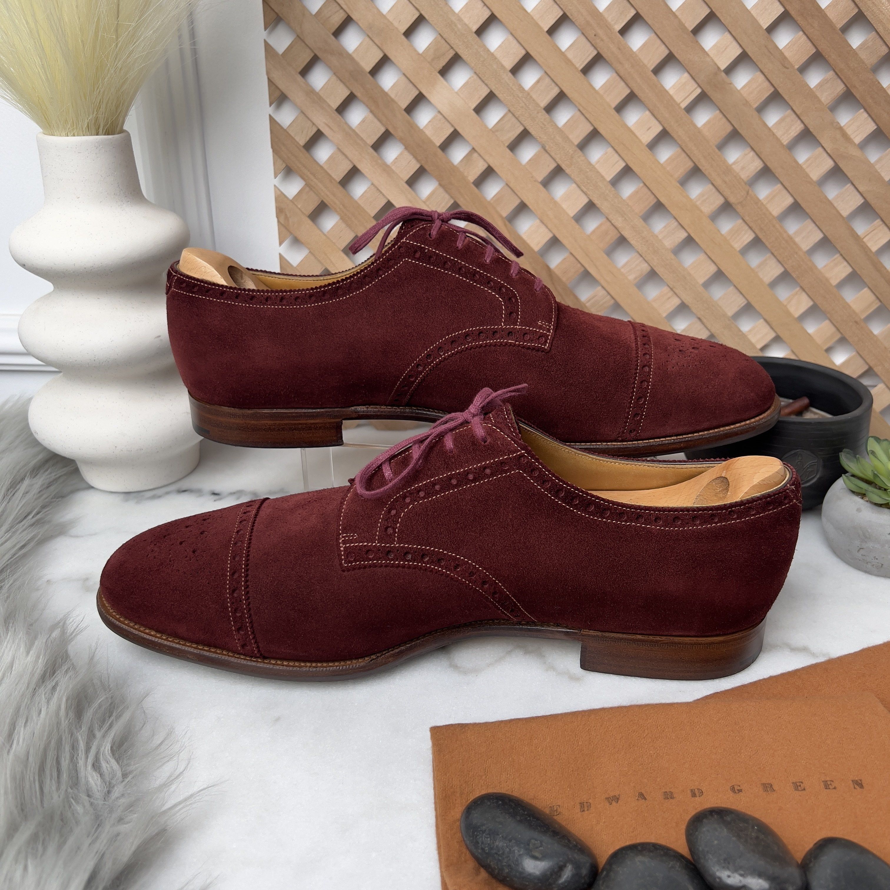Edward Green Cardiff Cap Toe Oxfords Brogue Burgundy Suede Size US 12 / EU 45 - 5 Thumbnail
