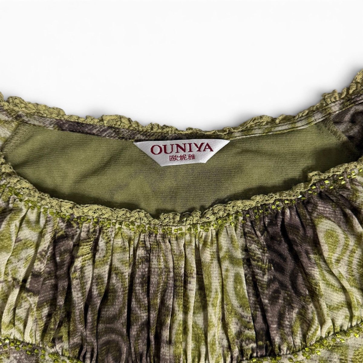 Other Earthy Green & Brown Pattern Beaded Ruffle Neck Mesh Blouse Size M / US 6-8 / IT 42-44 - 4 Thumbnail