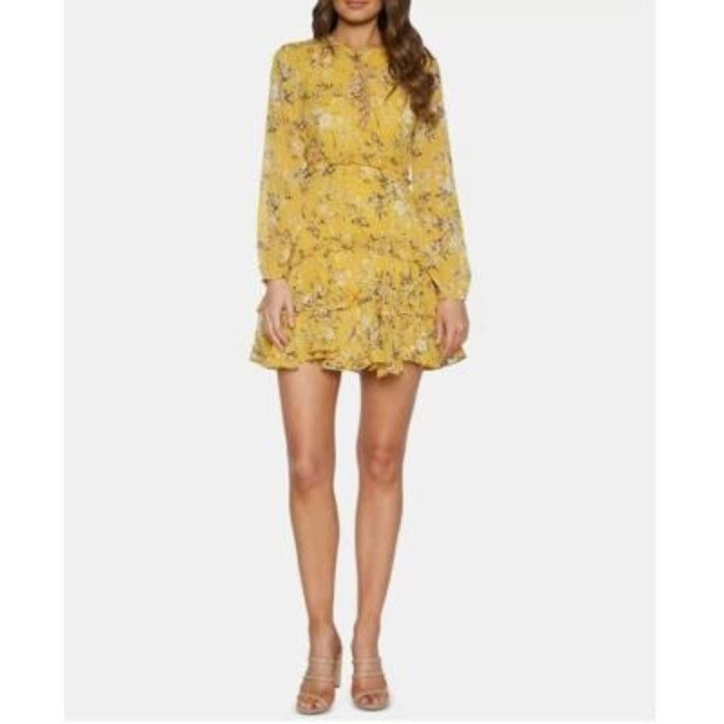 Anthropologie Bardot Yellow Floral Lace Up Ruffle Romantic Mini Dress SZ 8 Size M / US 6-8 / IT 42-44 - 2 Thumbnail