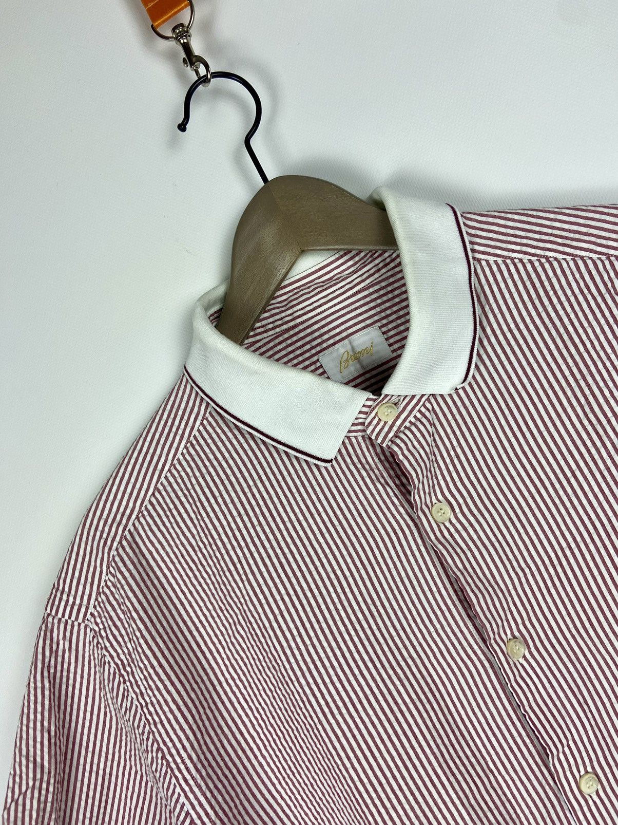 Brioni × Designer Brioni Striped Mens Shirt White Pink Short Sleeve Luxury Size US XL / EU 56 / 4 - 4 Thumbnail