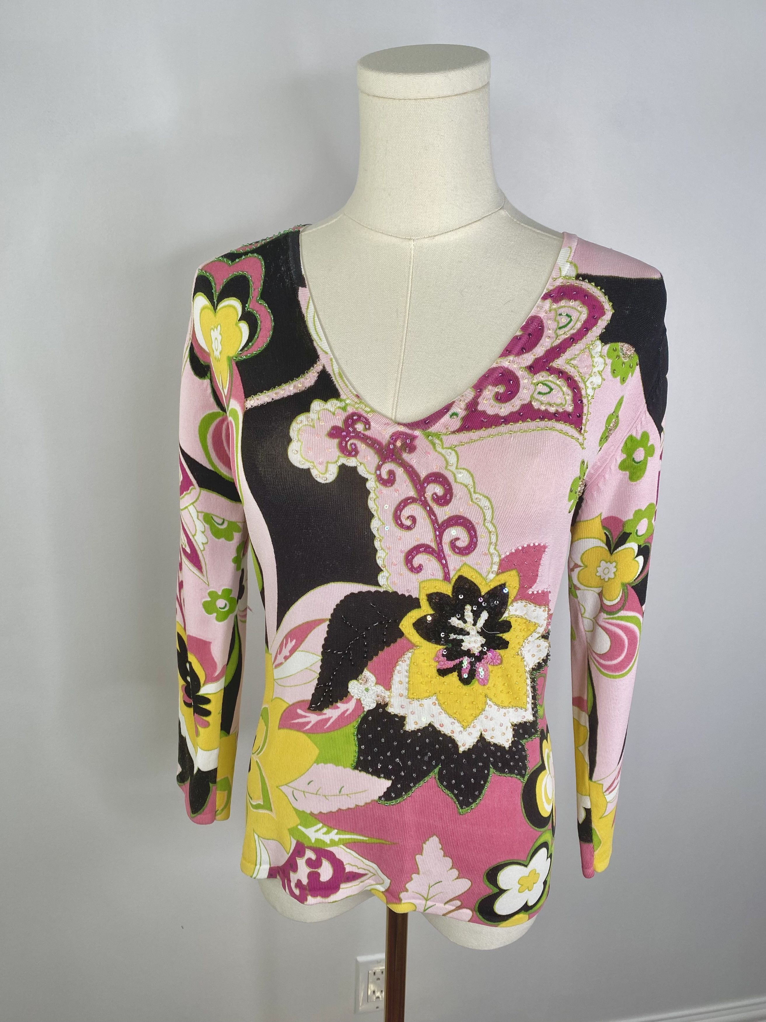 Vintage Michelle Nicole - Pink Abstract Floral Sweater Size S / US 4 / IT 40 - 3 Thumbnail