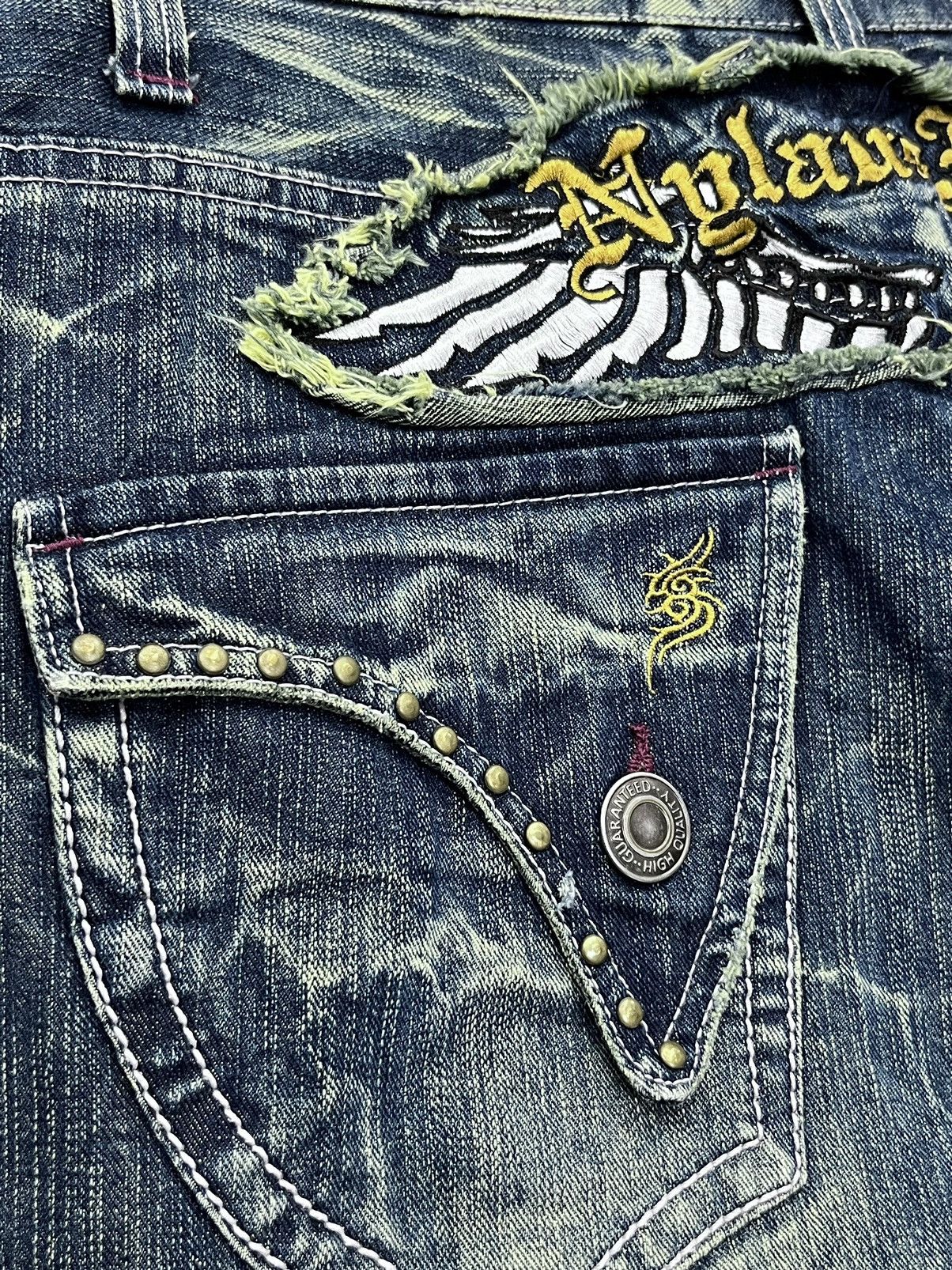Japanese Brand 🔥NYLAUS Embroidery Winged Studded Long Flap Mudwash FLARE Size US 31 - 11 Thumbnail
