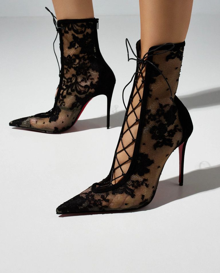 Christian Louboutin KM Lace Booty 100 Black Mesh Lace Up Ankle Heel Bootie 40 Size US 10 / IT 40 - 8 Thumbnail