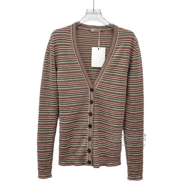 Brunello Cucinelli Brunello Cucinelli Multicolor Striped Wool V-Neck Single B Size L / US 10 / IT 46 - 1 Thumbnail