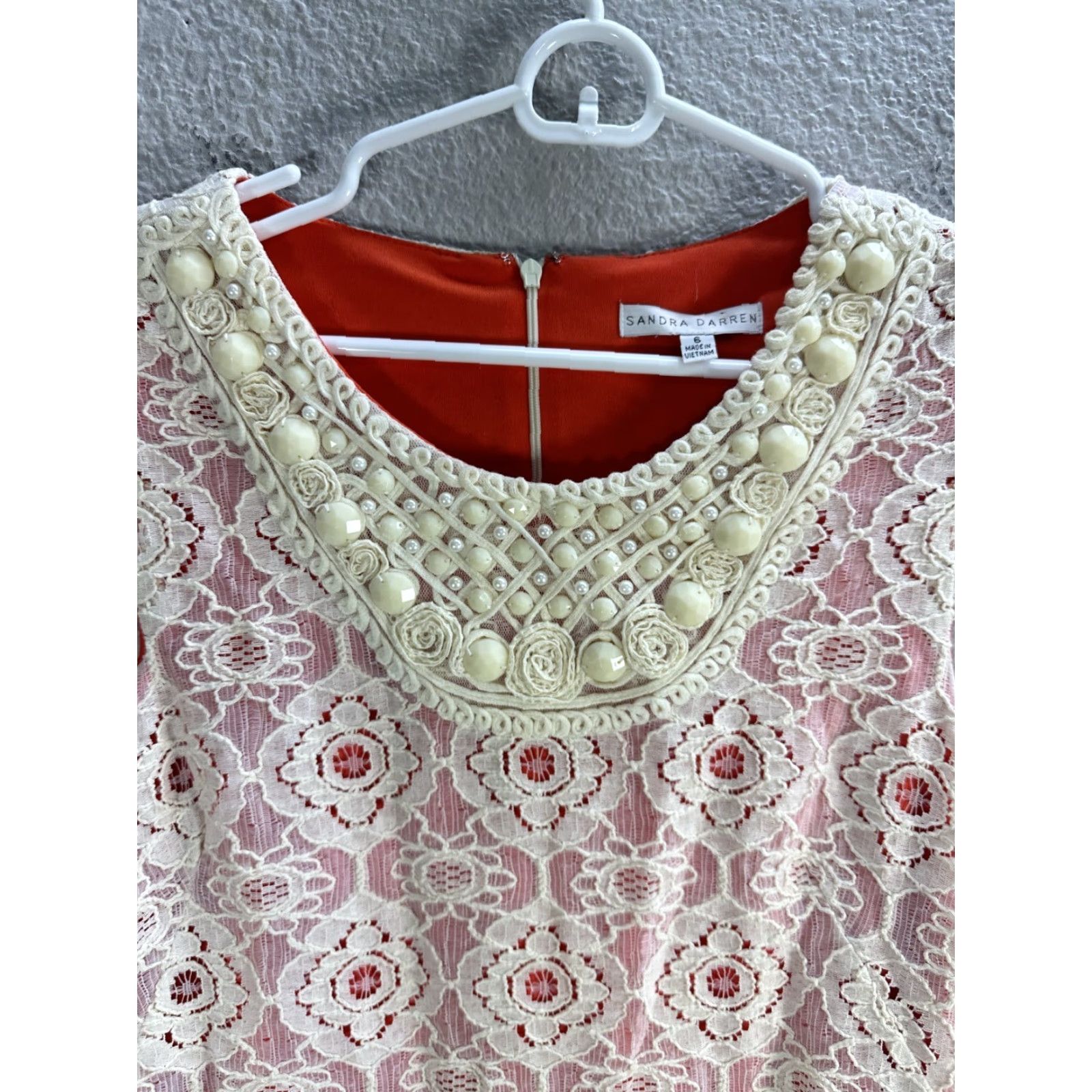 Vintage Sandra Darren White Orange Lace Mini Dress Embroidered Stoned Pearls Sz 6 NWT Size M / US 6-8 / IT 42-44 - 4 Thumbnail