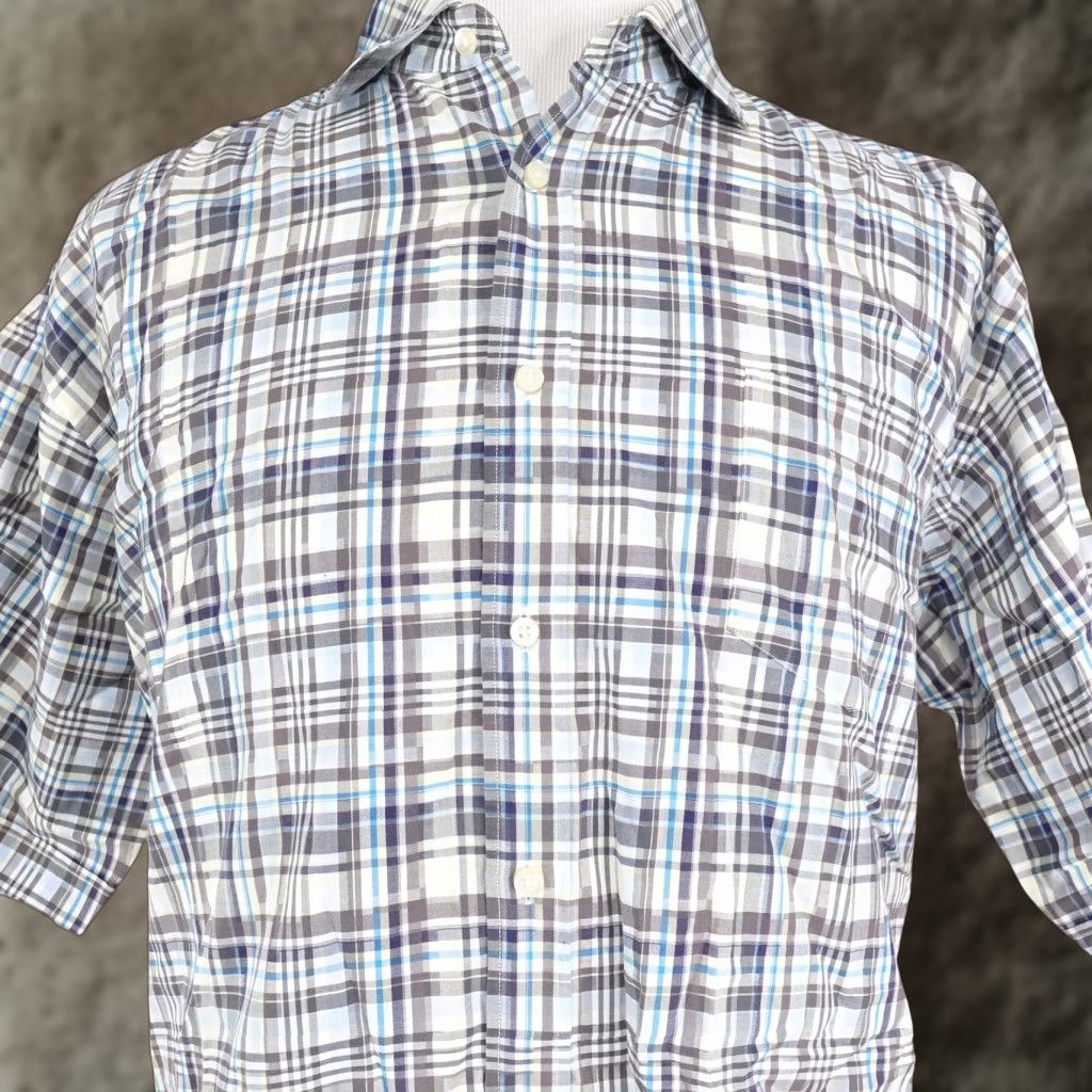 Vintage Thomas Dean Shirt Mens 2XL Gray Blue Plaid Short Sleeve Button Up Pima Cotton Embroidered Size US XXL / EU 58 / 5 - 1 Thumbnail