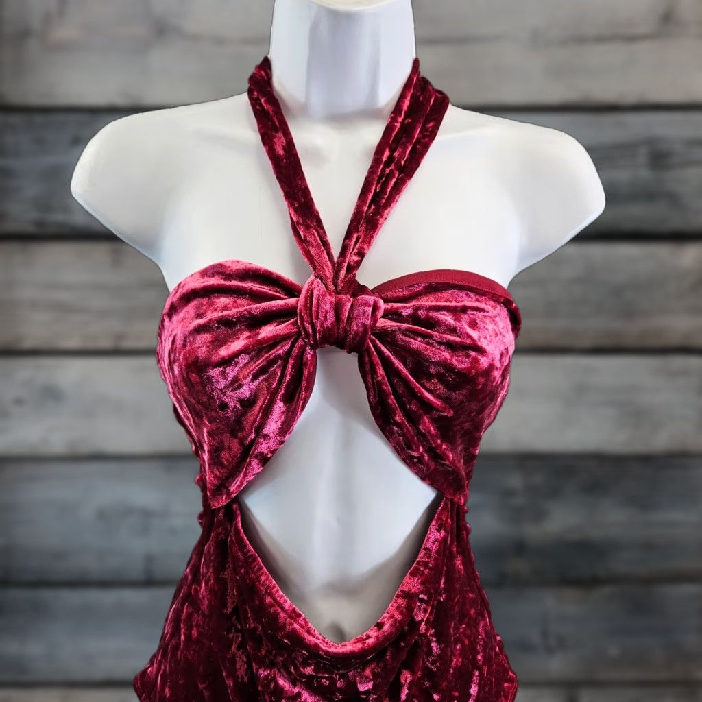 Lulus Lulus Womens Velvet Halter Bodysuit Size M Red Wine Crushed Velvet Sleeveless Adults Womens Size M / US 6-8 / IT 42-44 - 1 Thumbnail
