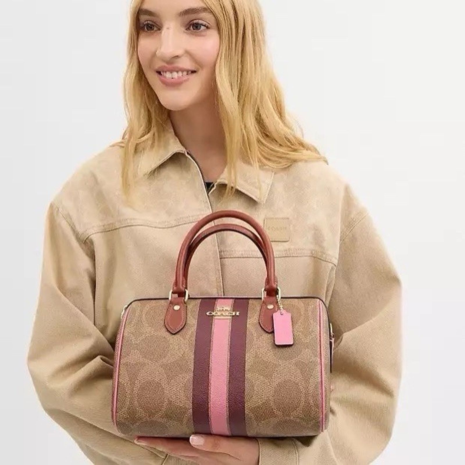 Coach NWT COACH Rowan Satchel Bag With Stripe Print Gold/Tan CBI78 Size ONE SIZE - 8 Thumbnail