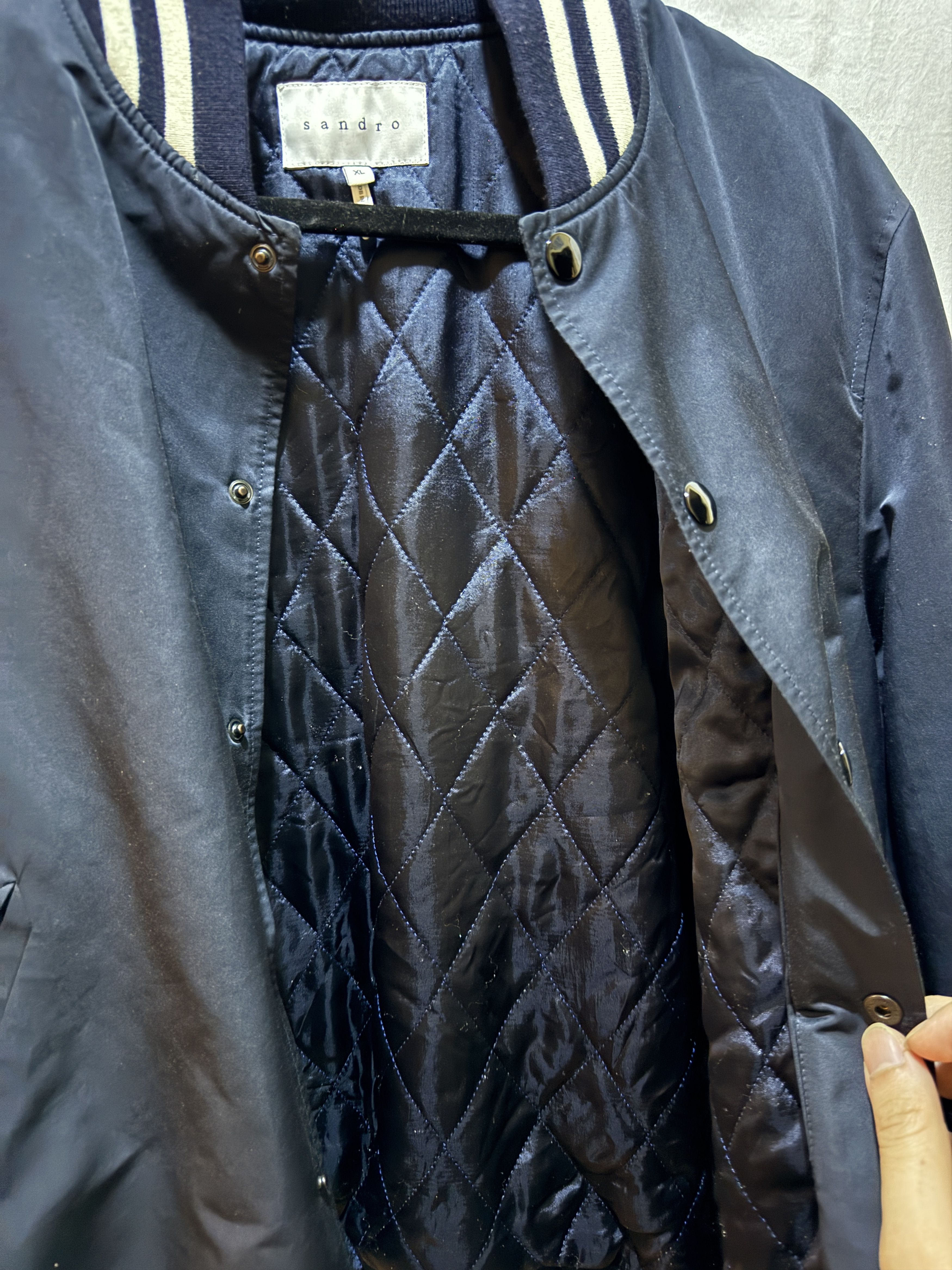Sandro Navy Quilted Bomber Jacket Size US XL / EU 56 / 4 - 4 Thumbnail