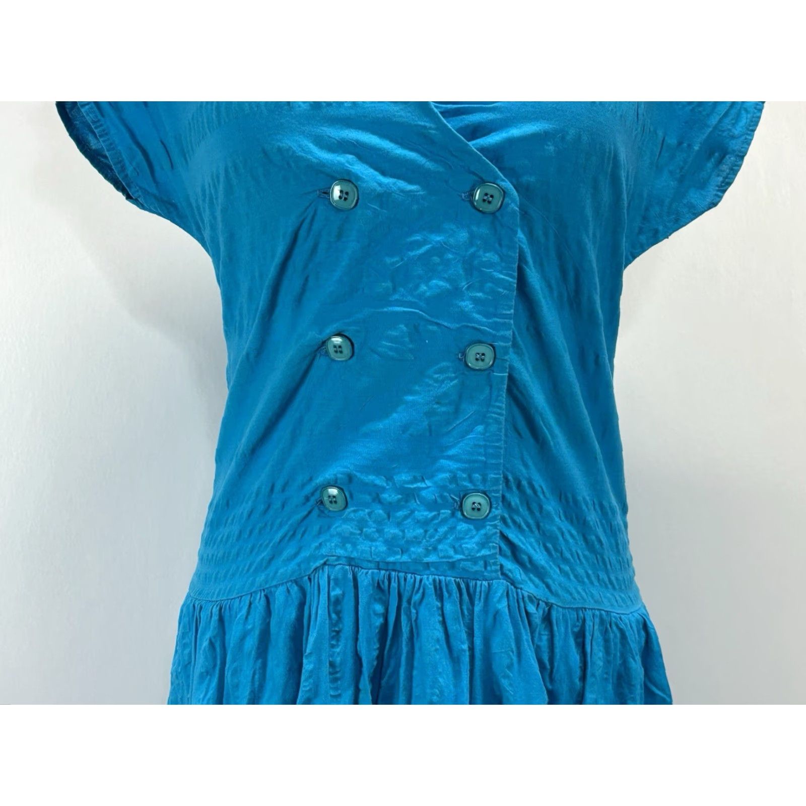 Doublet Vtg Alicia Drop Waist Dress Juniors 7/8 Blue Double Breasted Midi Pockets 80s Womens Size M / US 6-8 / IT 42-44 - 6 Thumbnail