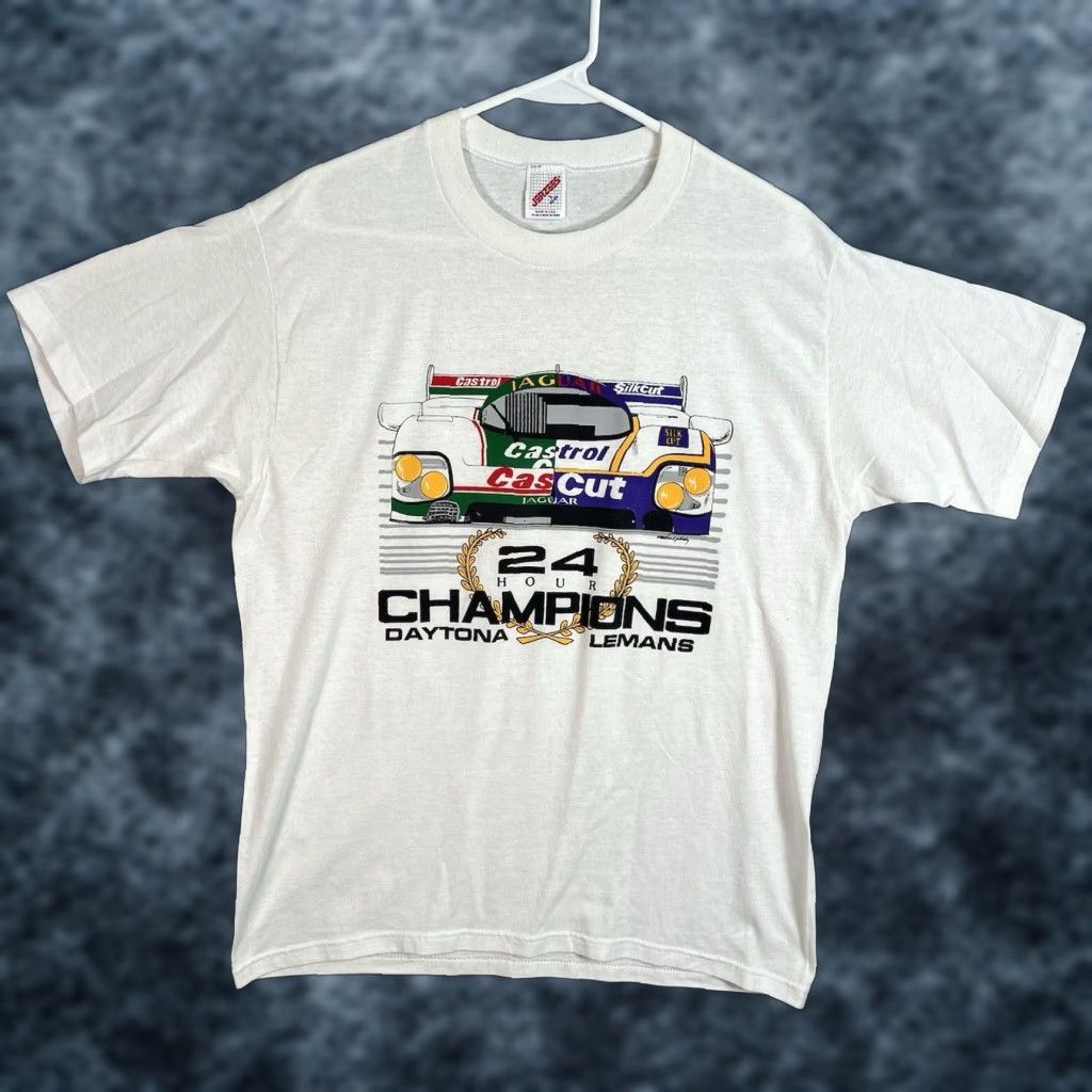 Jerzees VINTAGE 90s JERZEES 24 Hours Daytona LeMans Jaguar XJR-12 Racing Car Shirt Adult Large White Graphic Tee Mens Size US L / EU 52-54 / 3 - 1 Thumbnail