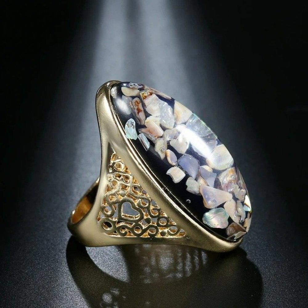 Designer Artificial Coral Big Oval Bohemian Gold Ring - Size 7 Size ONE SIZE - 3 Thumbnail