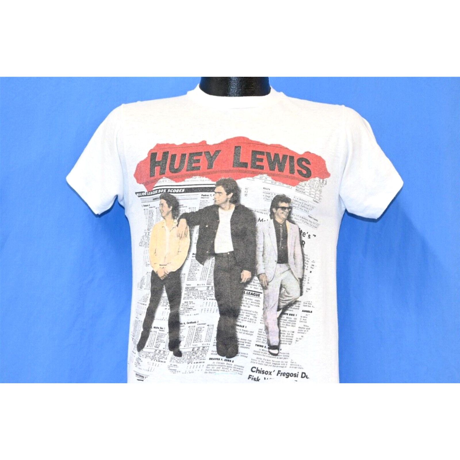 Image of Vintage 80's Huey Lewis News Fore Rock Band Album Cover 2 Sided White T-Shirt S, Men's (Size Small)