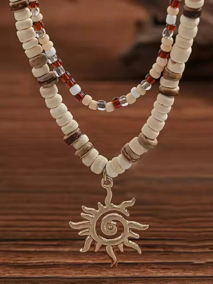 Vintage COCONUt Shell Wood Beads Sunflower Necklace Size ONE SIZE - 3 Thumbnail