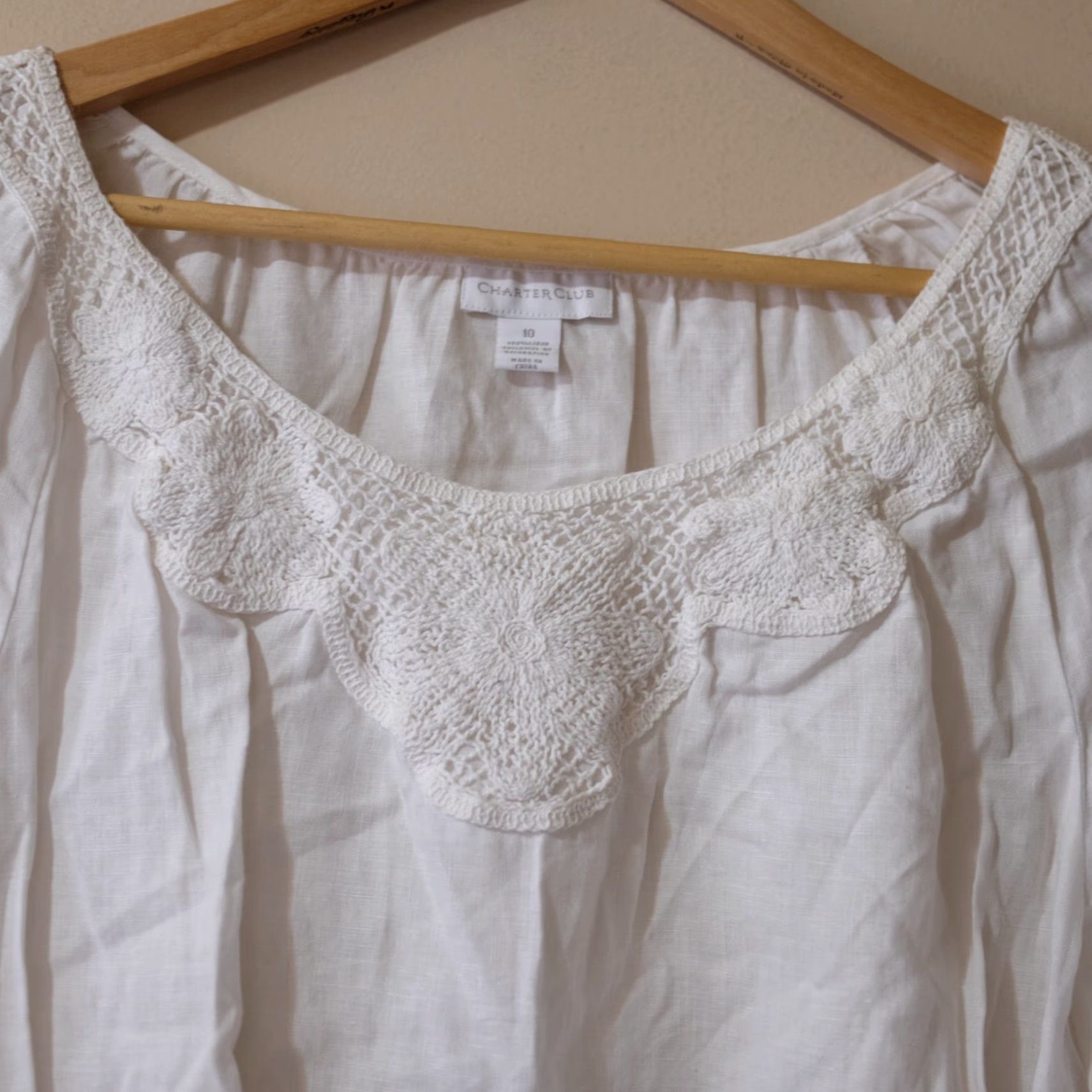 Charter Club Charter Club Women's 10 3/4 Sleeve Top White Linen Scoop Neck Crochet Shirt Blouse Regular XS? (Note: Original size 10, not XS) Size L / US 10 / IT 46 - 5 Thumbnail