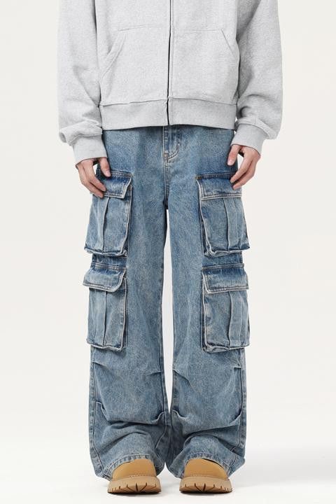 Vintage multi-pocket jeans men's wide leg casual pants
