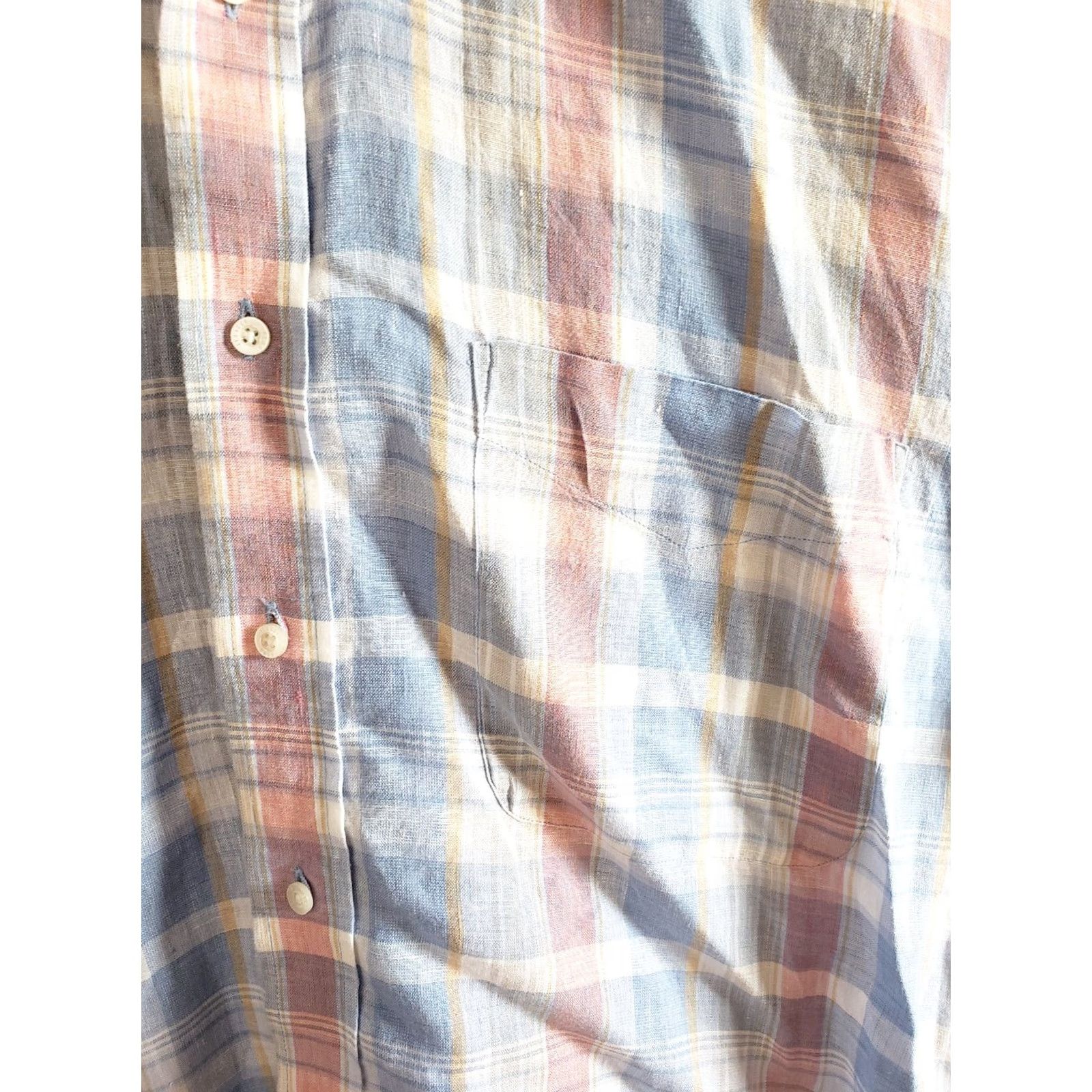 Vintage VINTAGE Alan Flusser 100% Linen Shirt Mens M Blue-Pink Plaid Short Sleeve Button Up Size US M / EU 48-50 / 2 - 4 Thumbnail