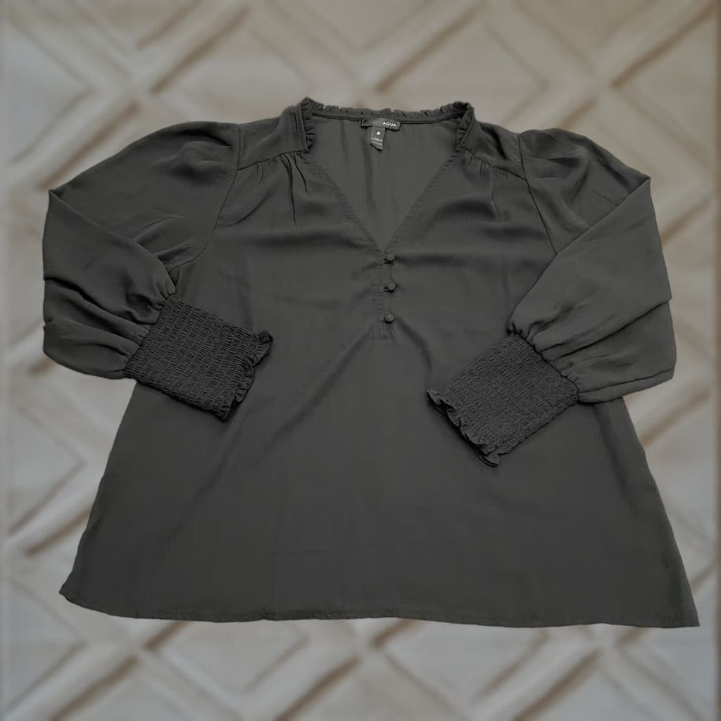 AQUA Aqua Blouse Womens Small Black Long Sleeve Henley V-Neck Top Size S / US 4 / IT 40 - 1 Thumbnail