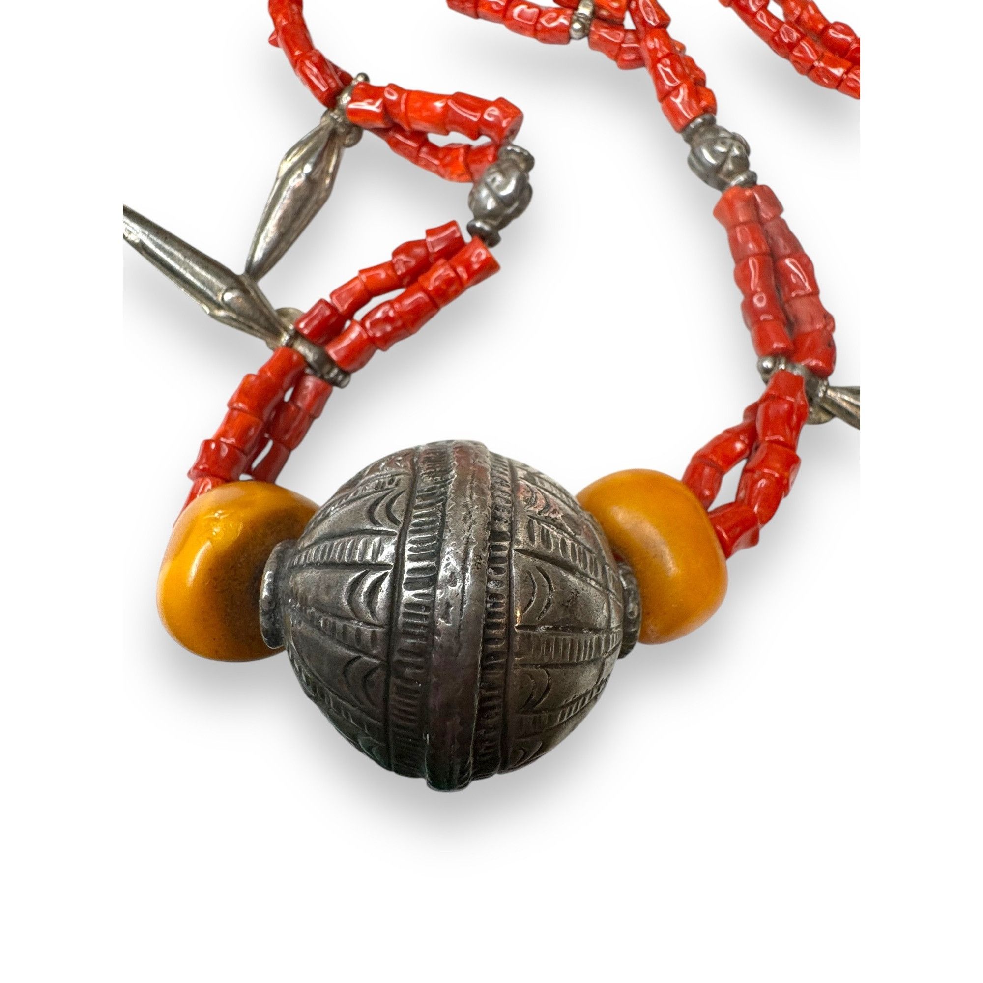 Other Antique Tribal Necklace Sterling Amber Coral Beads 30" State Size ONE SIZE - 3 Thumbnail