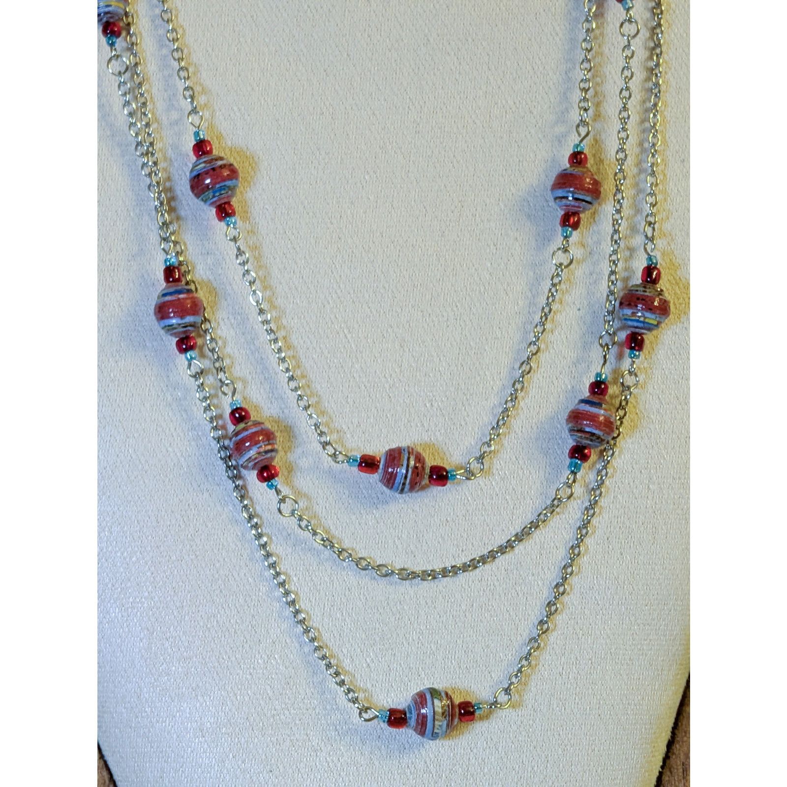 Vintage VTG 1980s 3-Strand Beaded Station Chain & Matching Earrings Size ONE SIZE - 2 Thumbnail