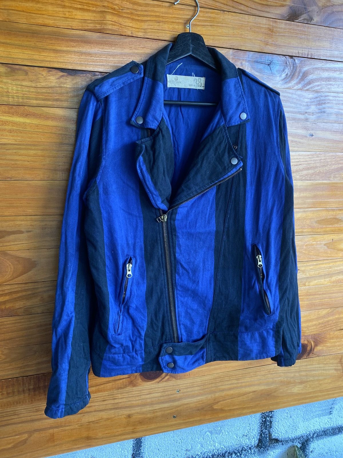 Japanese Brand Vintage Excellence Tokyo Black Blue Striped Cotton Biker Size US M / EU 48-50 / 2 - 5 Thumbnail
