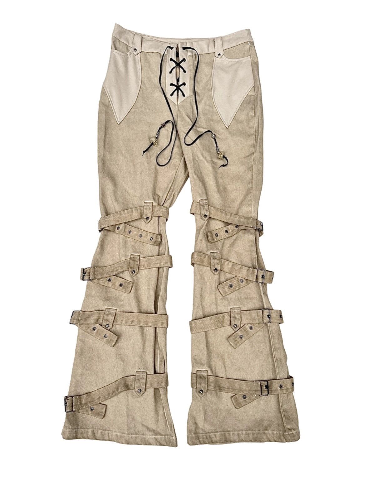 Japanese Brand Lace-Up Flare Pants with Multi Buckle Straps Size US 33 - 1 Thumbnail