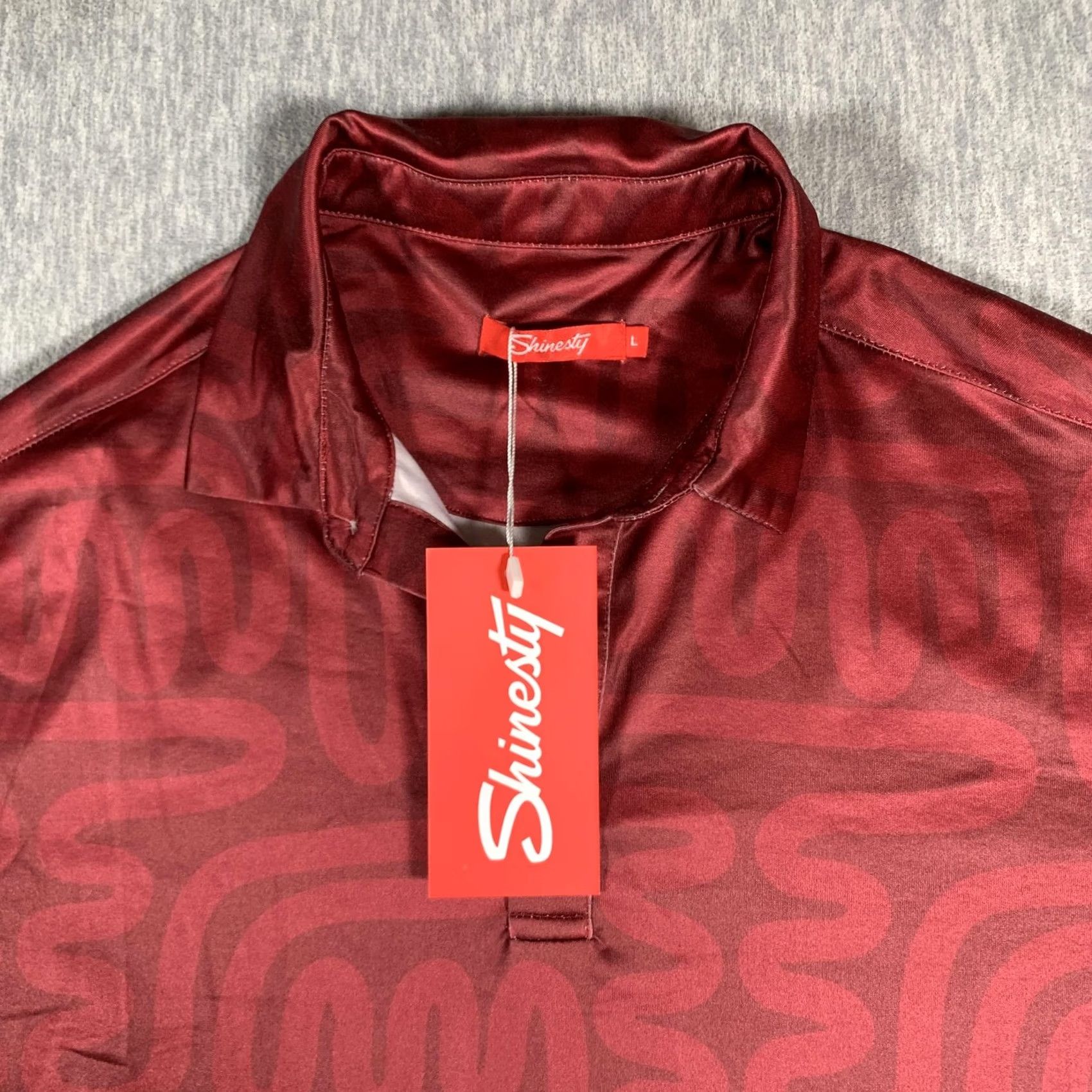 Vintage Shinesty Polo Shirt Mens Large Red Burgundy Maze Print Stretch Golf Performance Shirt Size US L / EU 52-54 / 3 - 5 Thumbnail