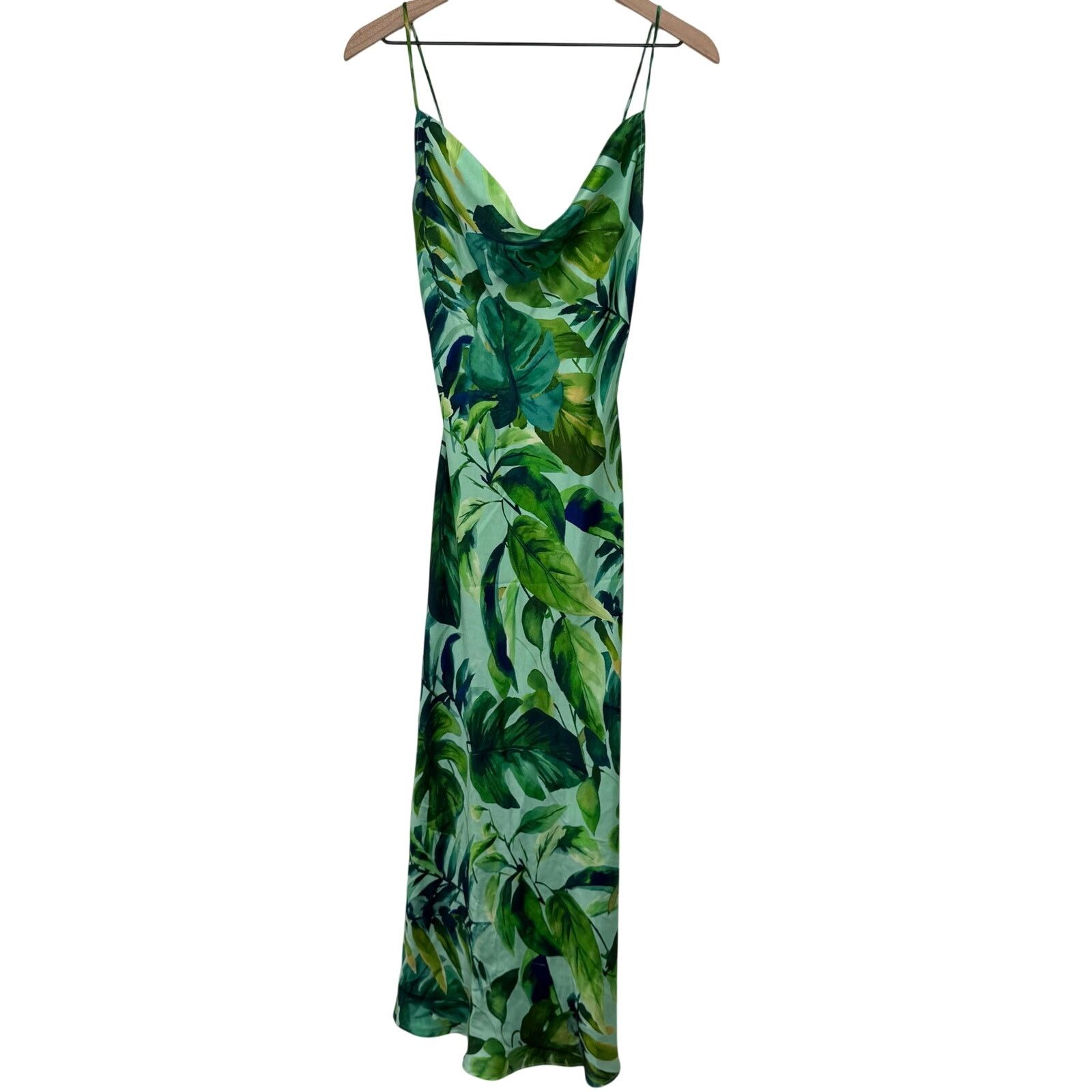 Zara Green Tropical Palm Leaf Satin Long Maxi Slip Dress XS