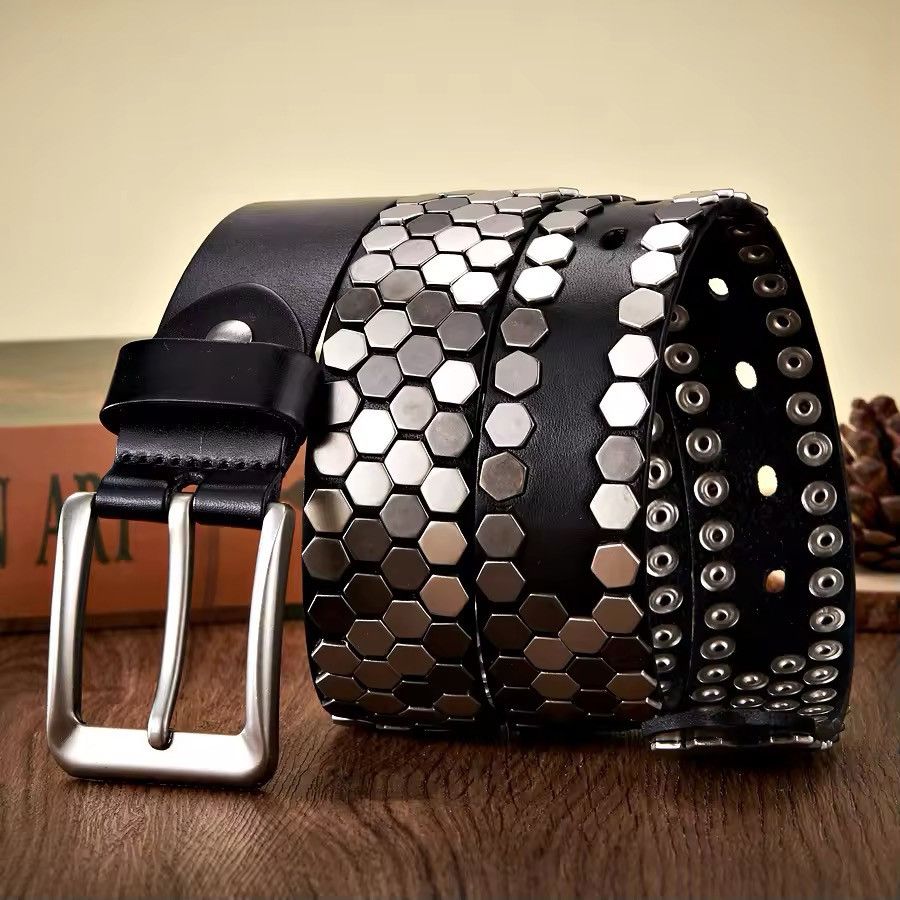 Leather 110 cm Rivet Studded Belt Size ONE SIZE - 2 Thumbnail