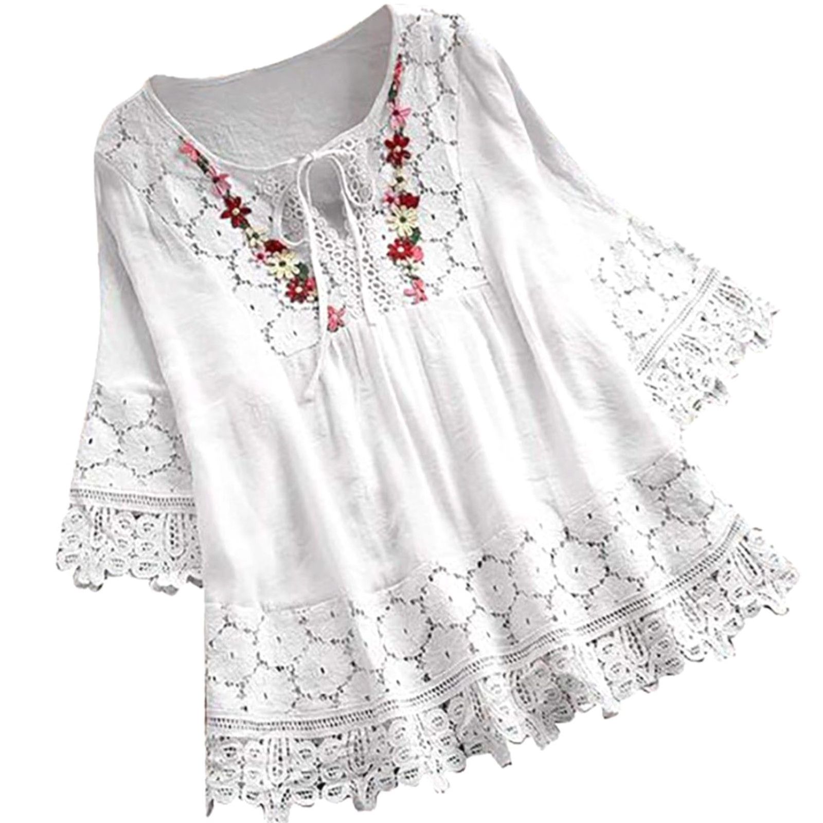 Vintage Embroidery Boho Linen Tops Shirt Womens XXL Bohemian Floral Embroidered Blouses Hippie Size XXL / US 16-18 / IT 52-54 - 2 Thumbnail