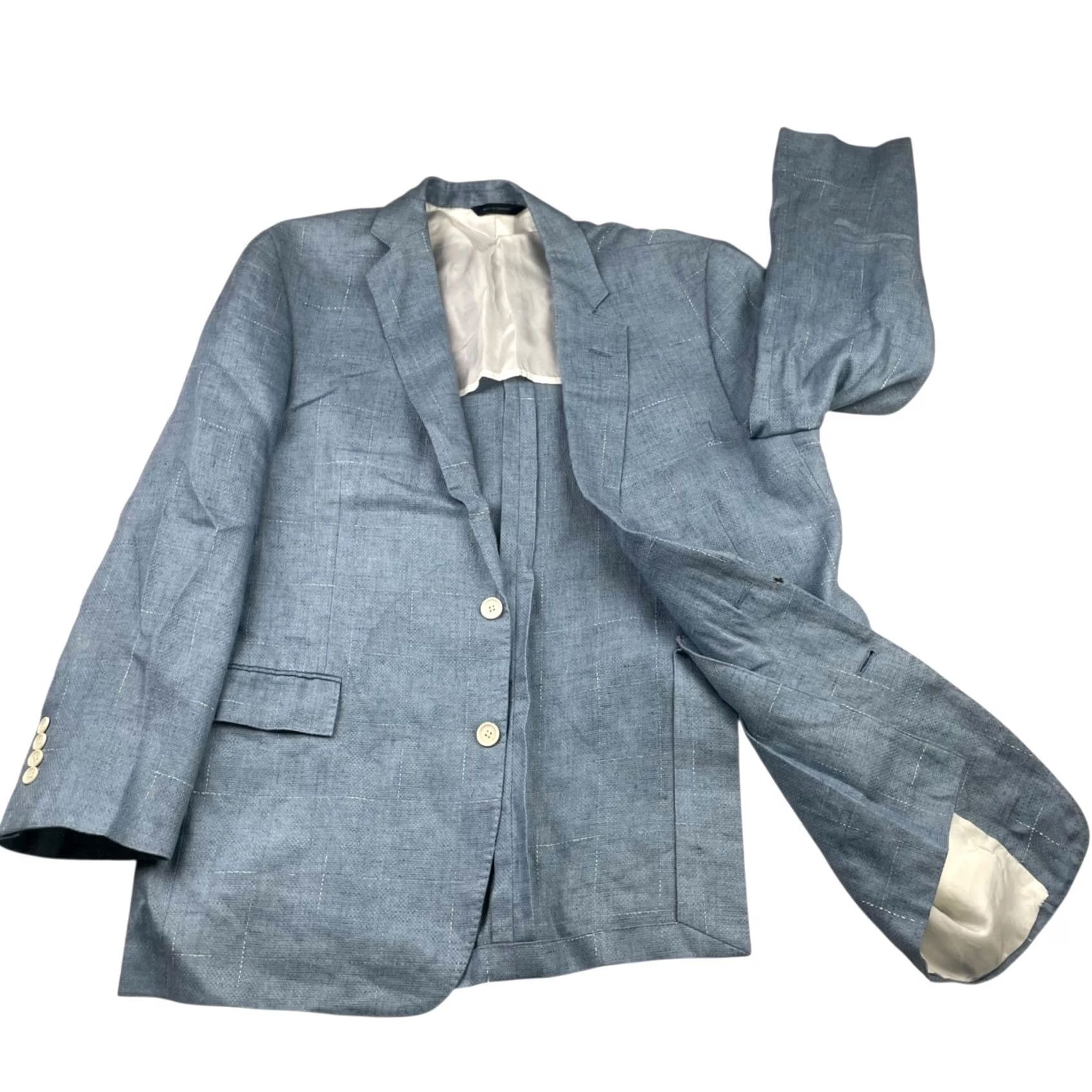 Brooks Brothers Brooks Brothers Men's Regent Linen Blazer Blue Windowpane Plaid • 44R Jacket Blazer Two-Button Short NOTCH Lapel Regular Fit Mens Size 44R - 3 Thumbnail