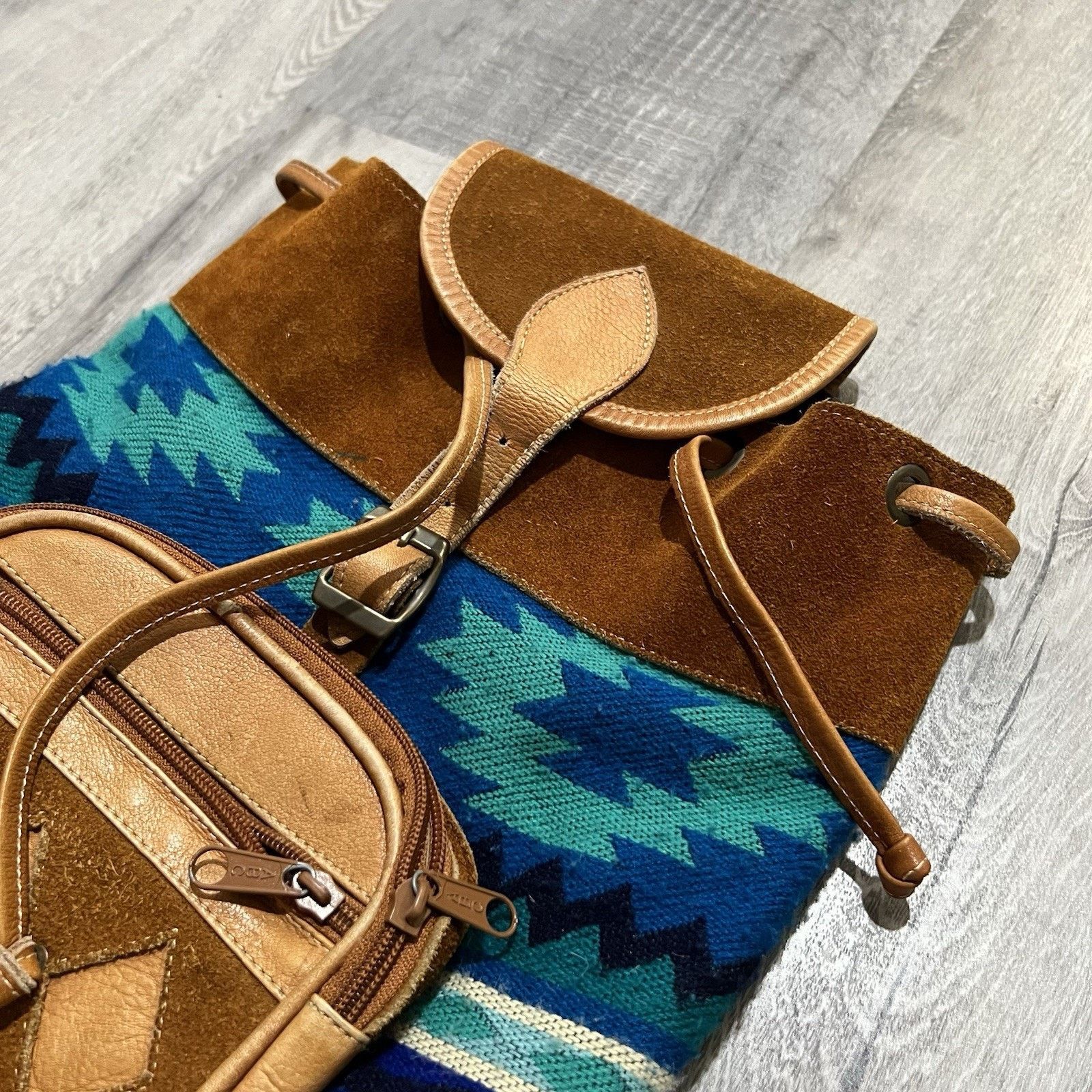 Other Southwestern Aztec Suede Backpack Teal/Brown Boho Hippie Size ONE SIZE - 6 Thumbnail