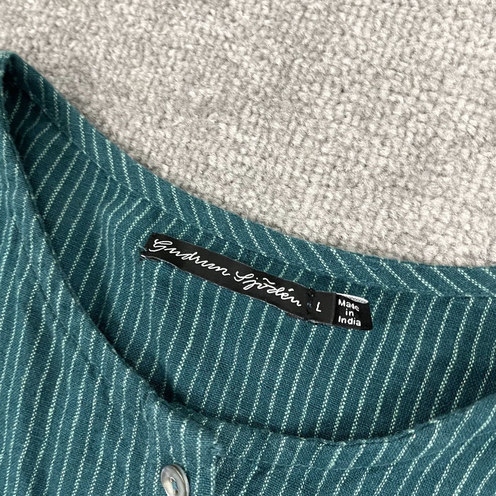 Vintage Gudrun Sjoden Button-Up Tunic Shirt Women Large Green Striped 100% Linen Lagenlook 3/4 Sleeve Casual Travel Workwear Size L / US 10 / IT 46 - 2 Thumbnail