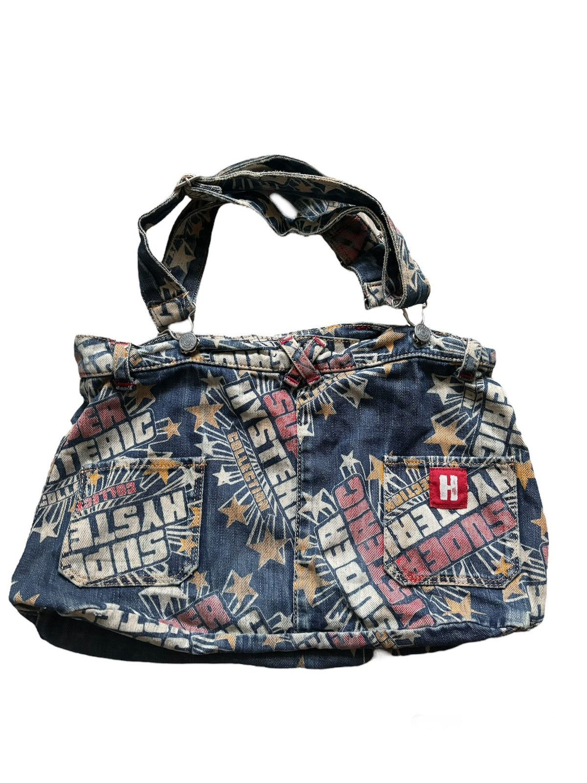 image of Hysteric Glamour Patchwork Distressed Denim Tote Bag in Blue Denim, Men's