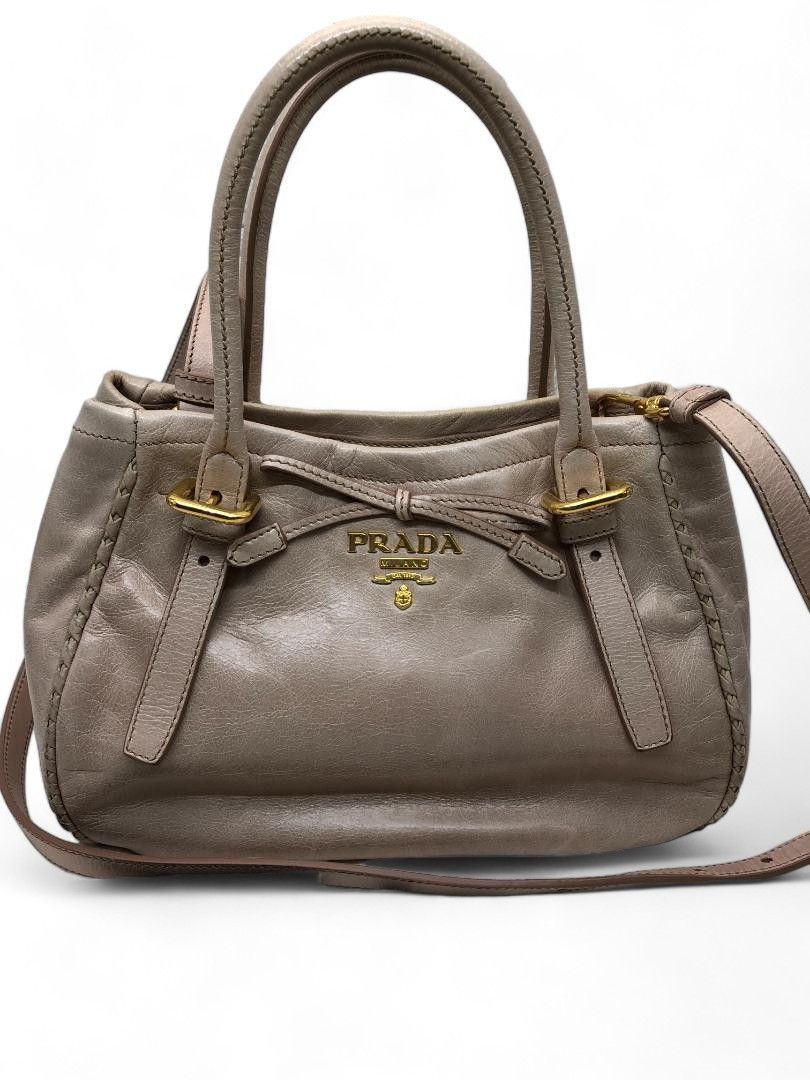 Prada handbag shoulder bag leather ribbon 2way beige creme