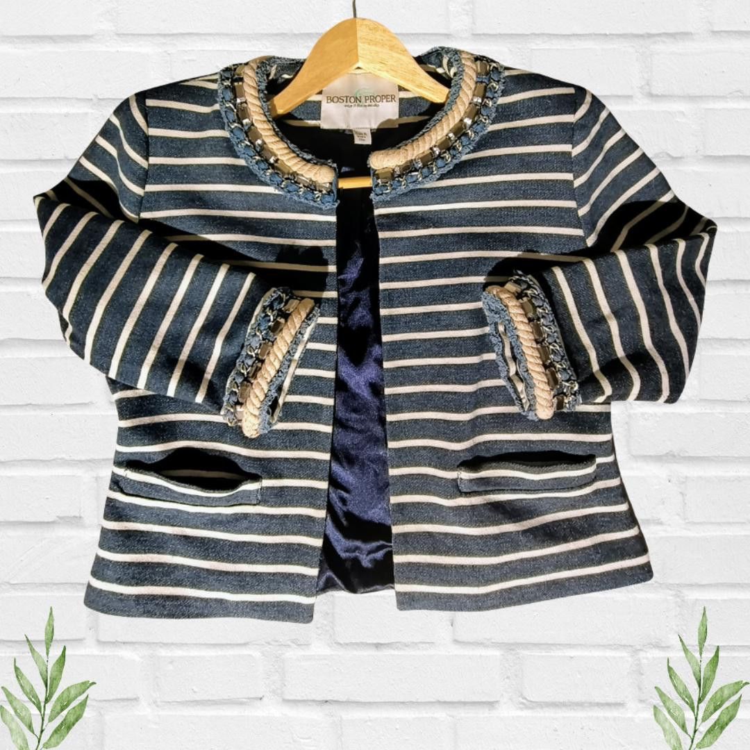 Designer Boston Proper Women's Striped Chain Jewel Blazer Size 8 Size M / US 6-8 / IT 42-44 - 1 Thumbnail