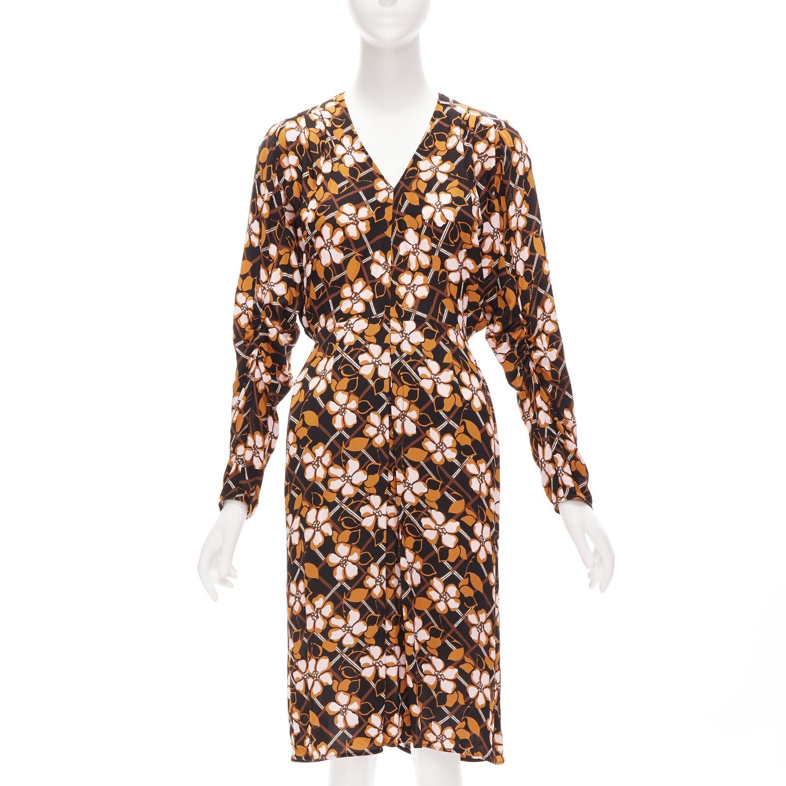 Marni MARNI pink brown geometric flower print panelled sleeves V neck dress IT38 XS Size XS / US 0-2 / IT 36-38 - 1 Thumbnail