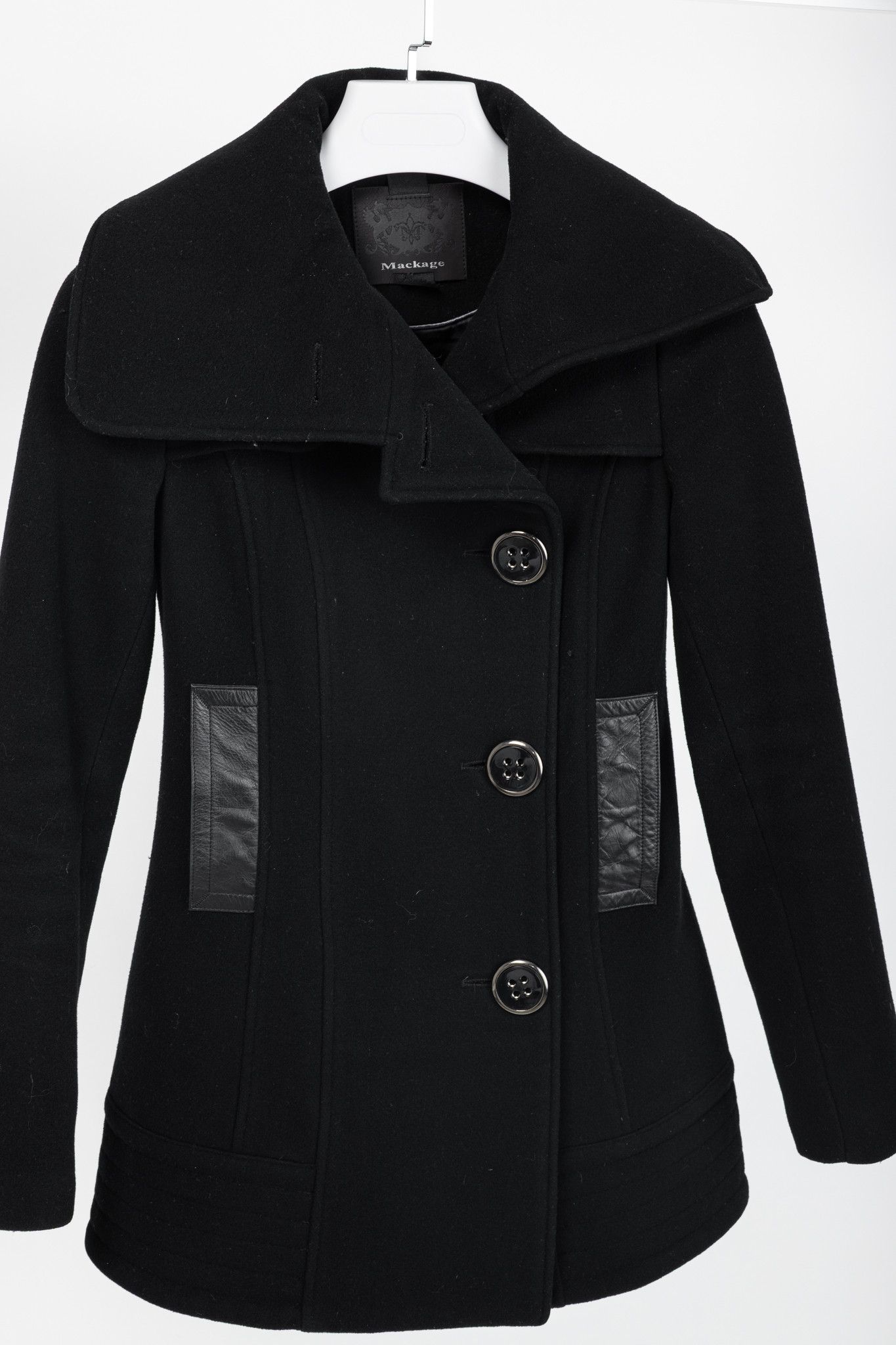Mackage Mackage Black Wool Leather-Trim Buttoned Coat Size XXS / US 00 / IT 34 - 3 Thumbnail