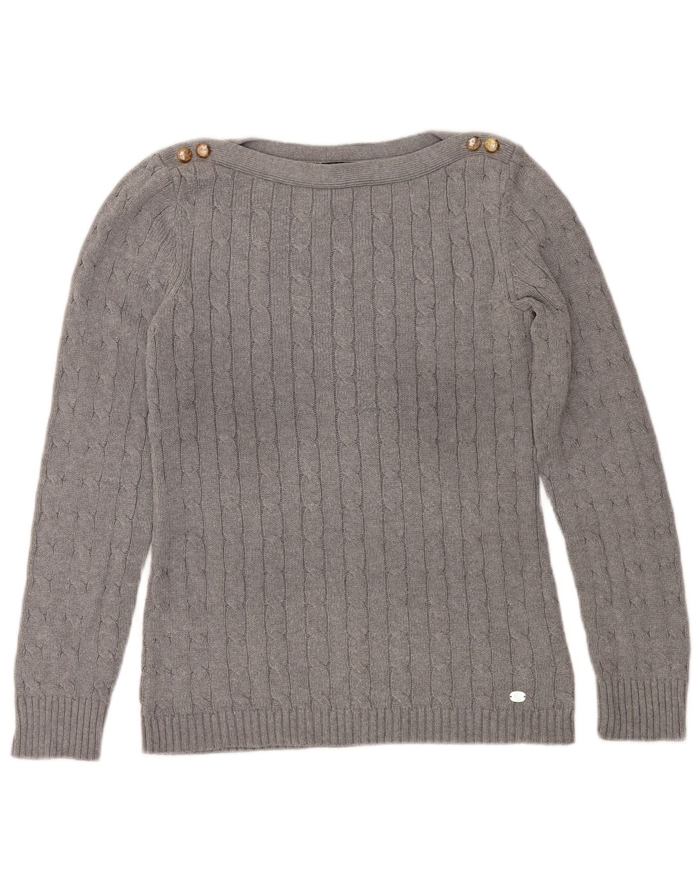 Ralph Lauren Womens Boat Neck Jumper Sweater UK 14 Medium Grey Cotton Size M / US 6-8 / IT 42-44 - 1 Thumbnail