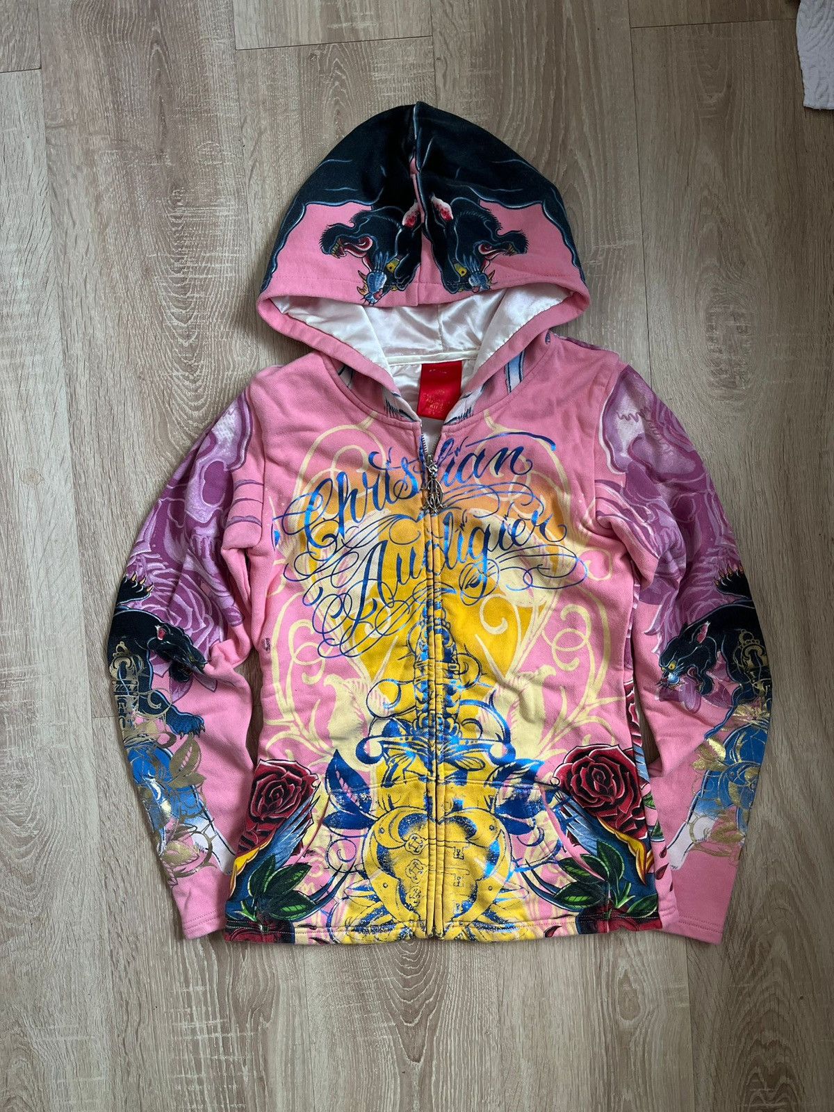 Christian Audigier Christian Audigier "Panther & Roses" Print Zip-Up Hoodie Size XXS / US 00 / IT 34 - 1 Thumbnail
