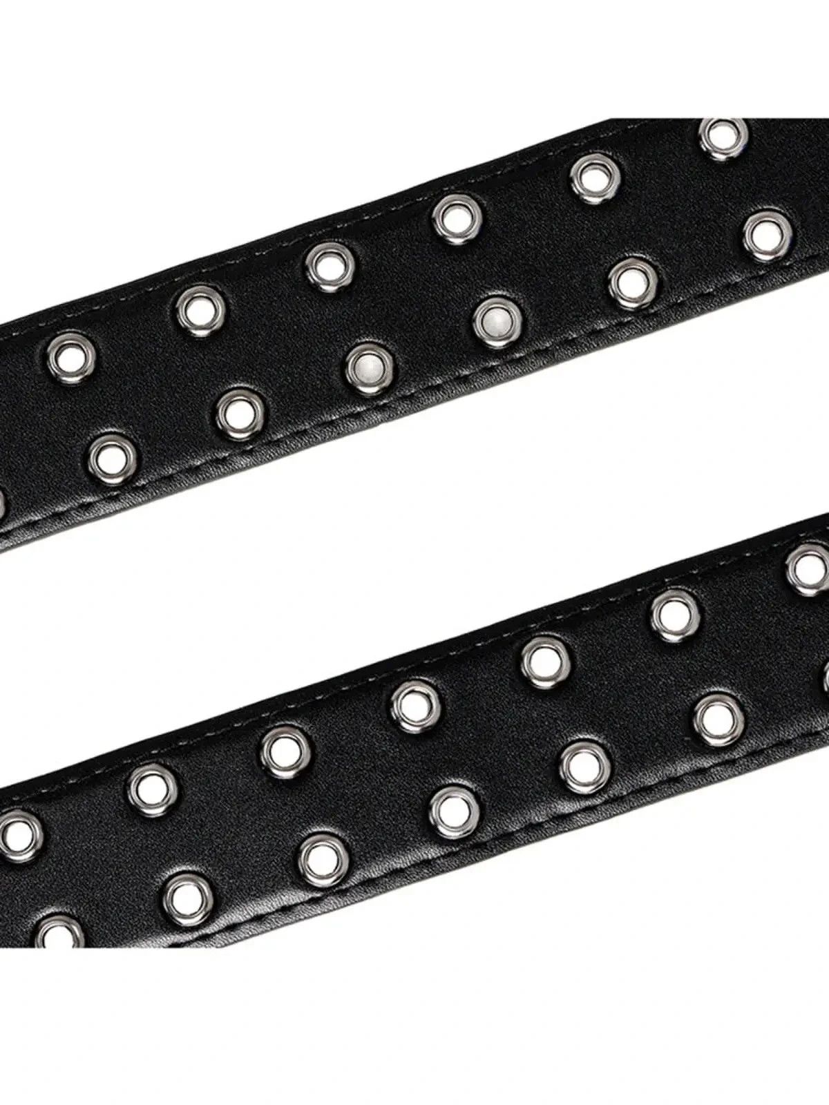 Other Black Leather Grommet Belt with Heavy-Duty Silver Buckle Size ONE SIZE - 3 Thumbnail