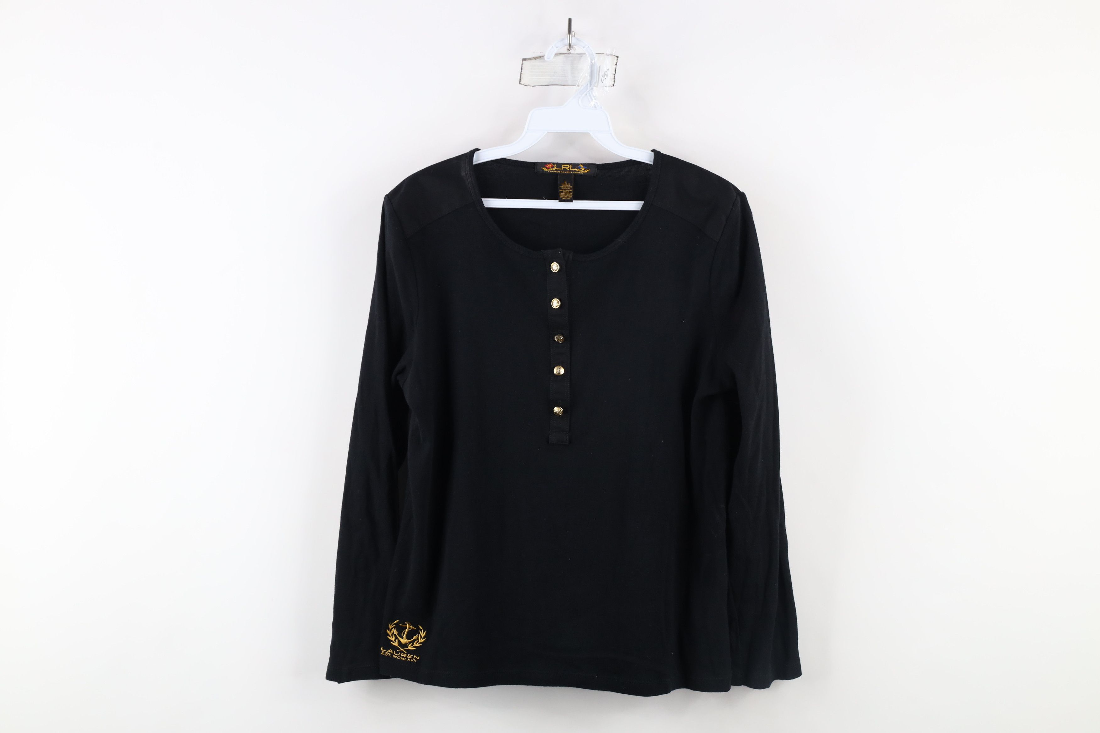 Ralph Lauren × Vintage Vintage 90s Ralph Lauren Boat Anchor Henley T-Shirt Black Size L / US 10 / IT 46 - 1 Thumbnail