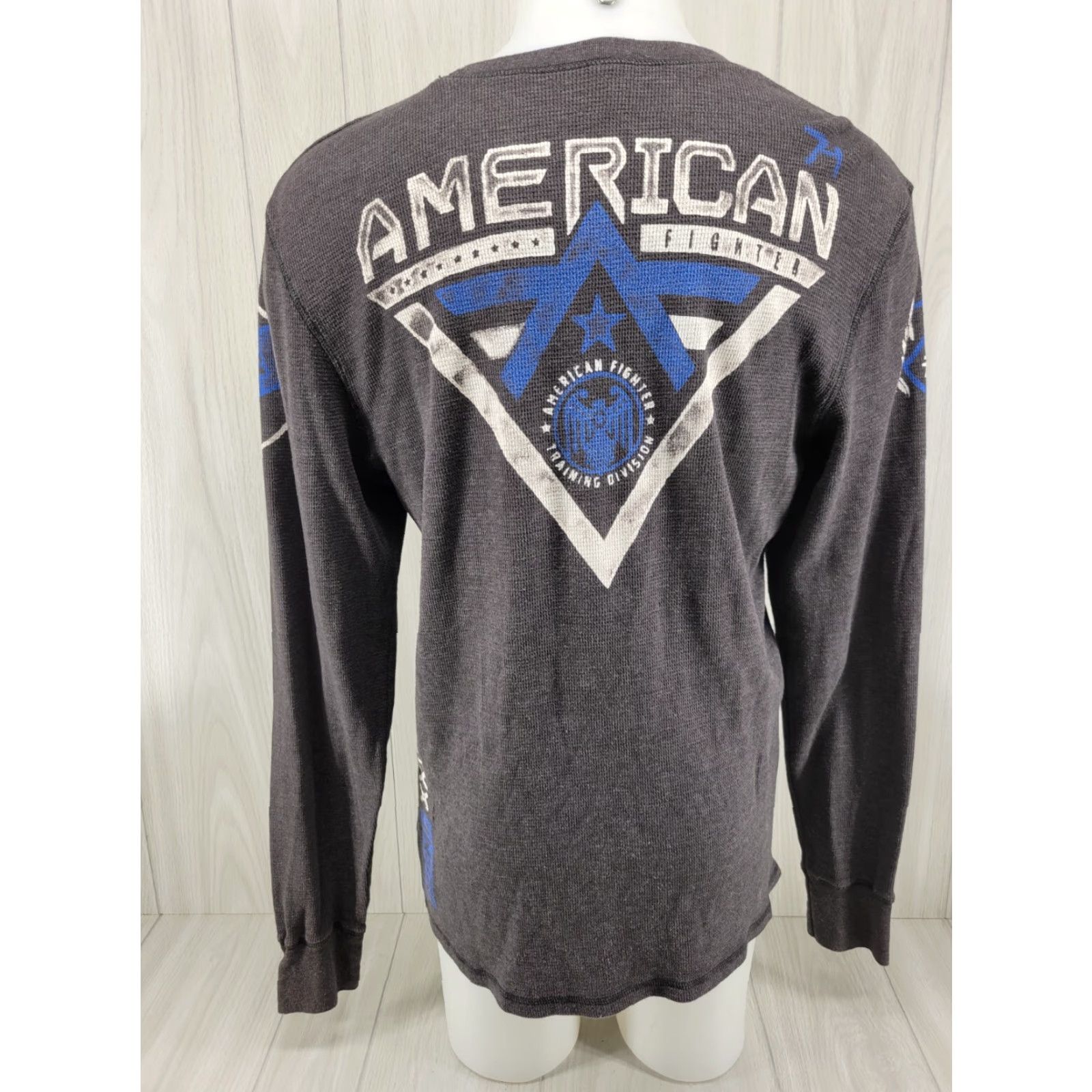 Vintage VINTAGE American Fighter Shirt Long Sleeve Thermal Mens XL Gray Blue MMA Y2k 90s Mens Shirt Size US XL / EU 56 / 4 - 6 Thumbnail