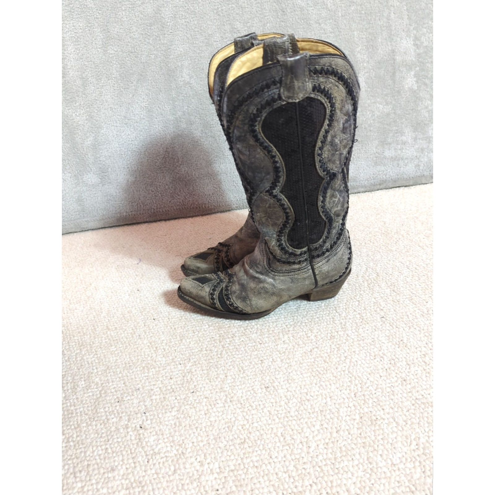 Vintage Corral Boots Cowgirl Western Leather Snip Toe Black Gray Inlay 7M Mid Calf Size US 7 / IT 37 - 5 Thumbnail