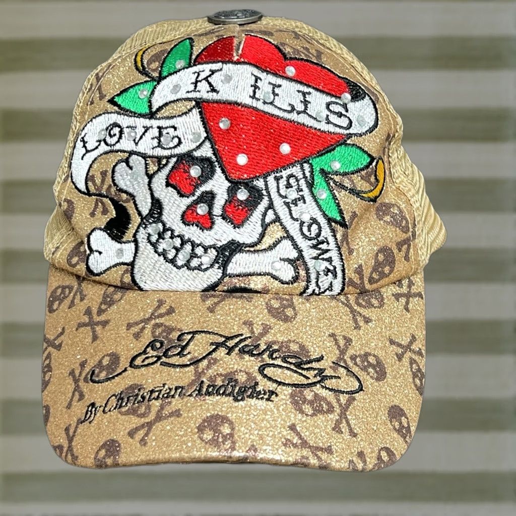 Ed Hardy Ed Hardy Denim Hat Skull & Heart Love Kills Slowly Gold Metallic Snapback RARE Size ONE SIZE - 1 Thumbnail